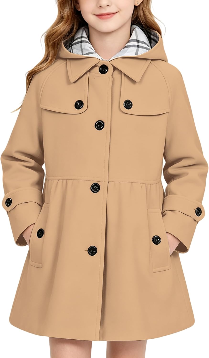 Cromoncent Girls' Autumn and Winter Woolen Coat with Detachable Hat Outerwear Peacoat,2-14 Years