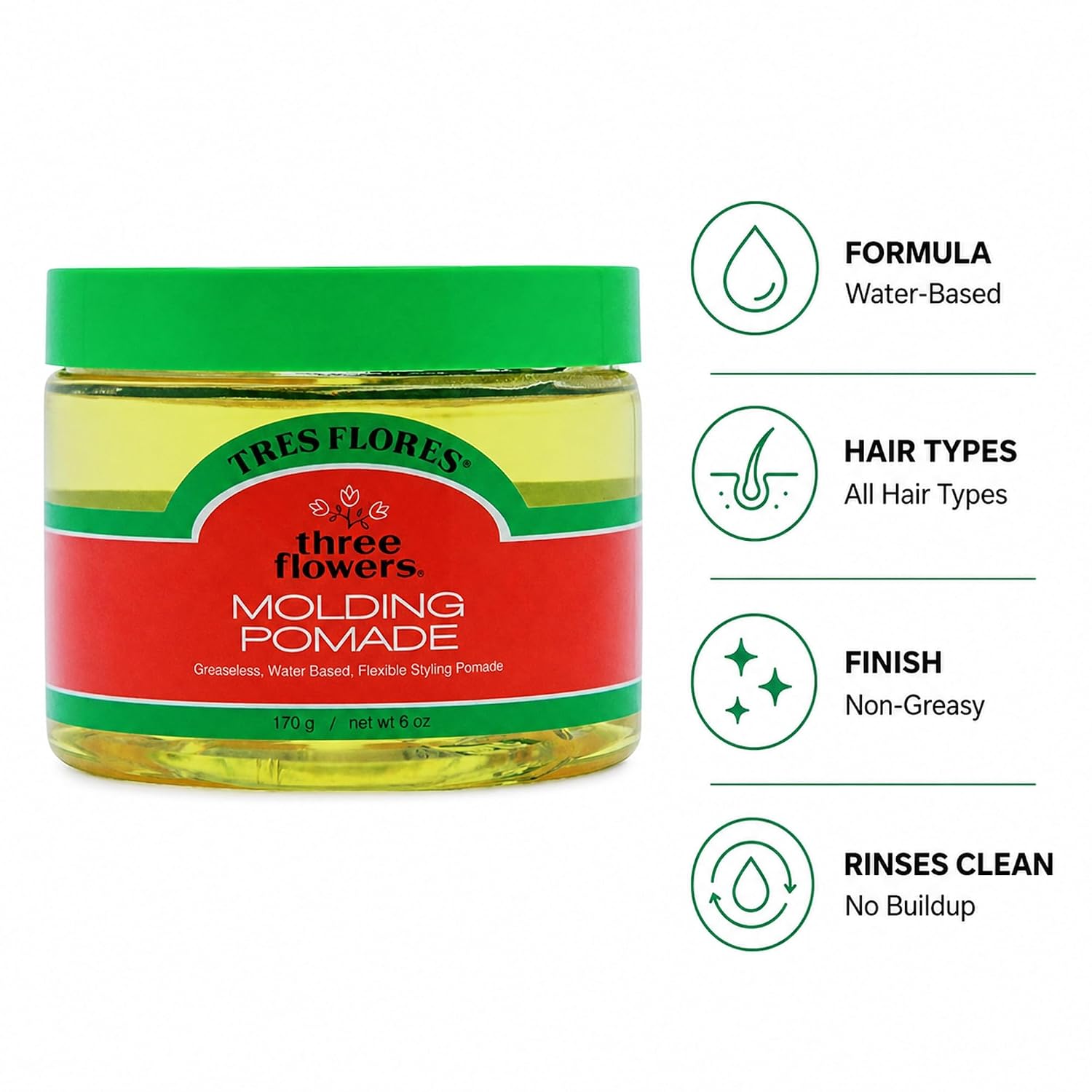 Three Flowers Molding Mens Pomade – Water-Based, Non-Greasy Hair Pomade for Men, Classic Hair Styling for Shape & Mold, 6 oz