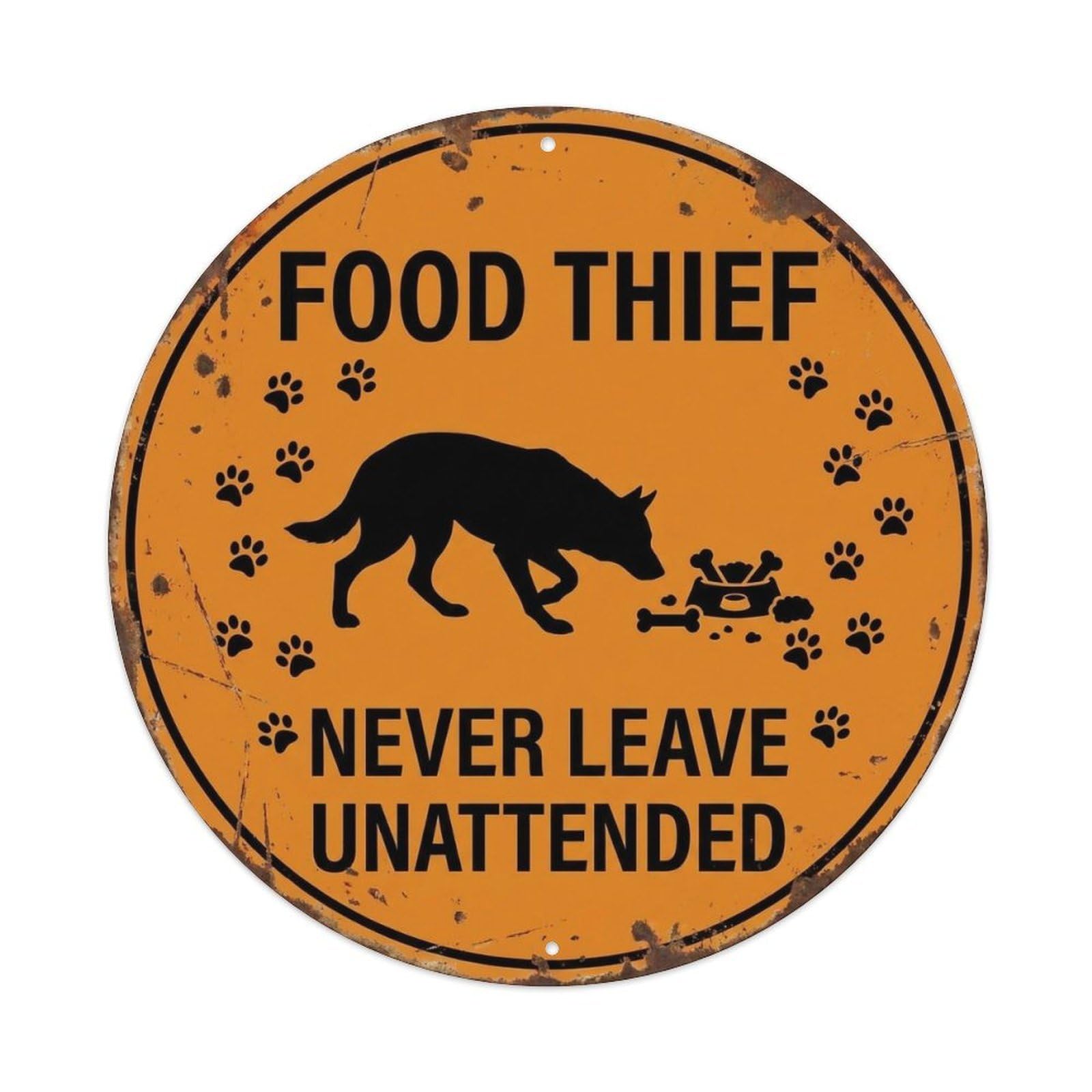 Dog Food Thief Warning Round Wall Hanging Metal Tin Sign