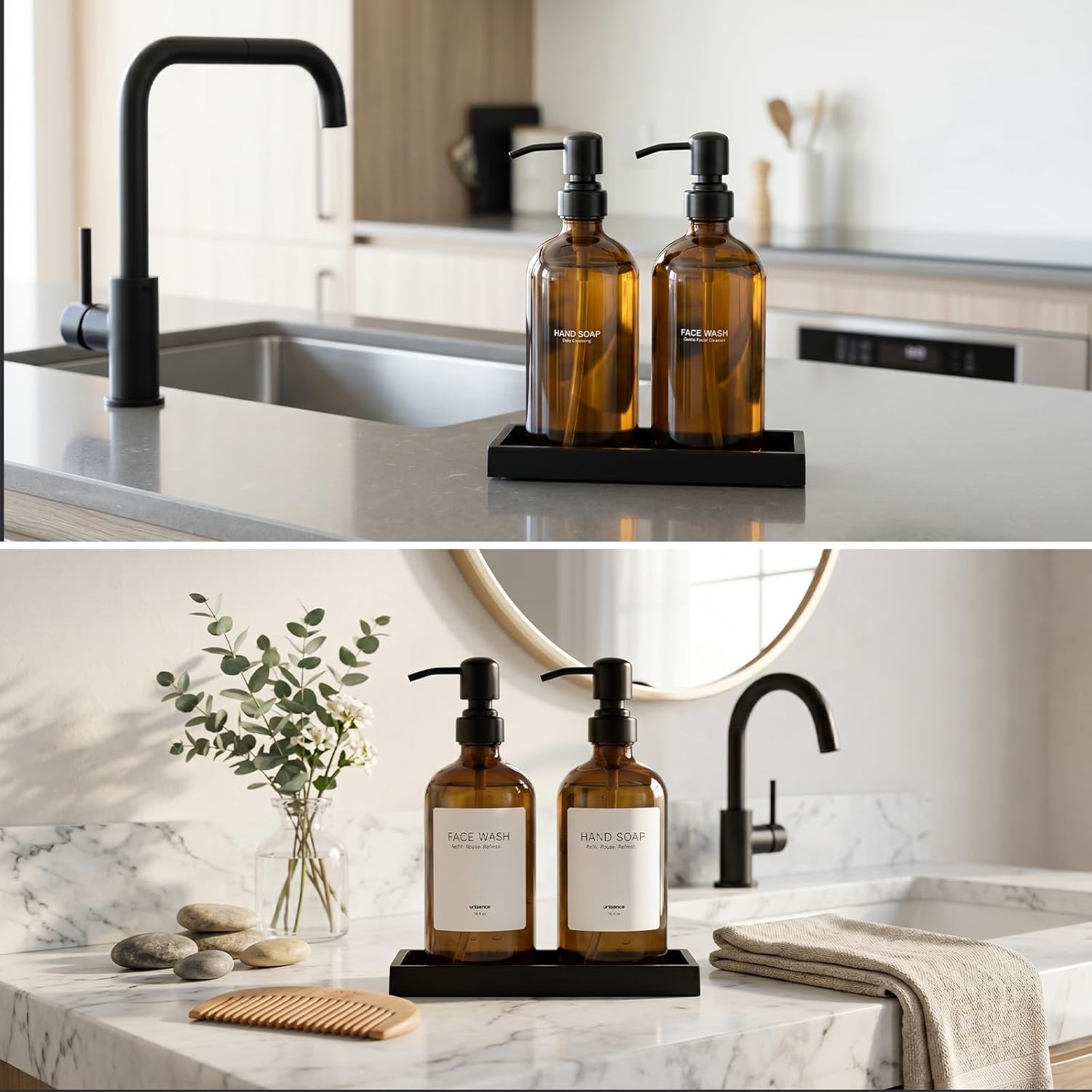 2 Packs Glass Dish Soap Dispenser Set for Kitchen, Hand and Dish Soap Dispenser with Stainless Steel Pump & Resin Tray, Rental-Modern Refillable Countertop Soap Dispenser for Bathroom,Amber