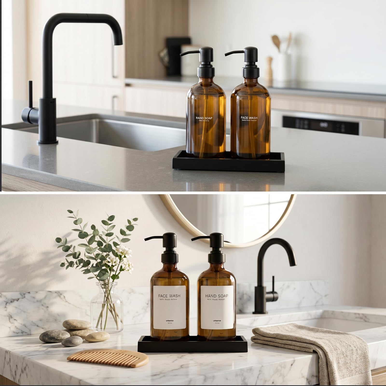 Set dispenser di sapone in vetro per cucina, dispenser di sapone per mani e piatti, con pompa in acciaio inossidabile e vassoio in resina, dispenser di sapone da banco ricaricabile moderno per cucina