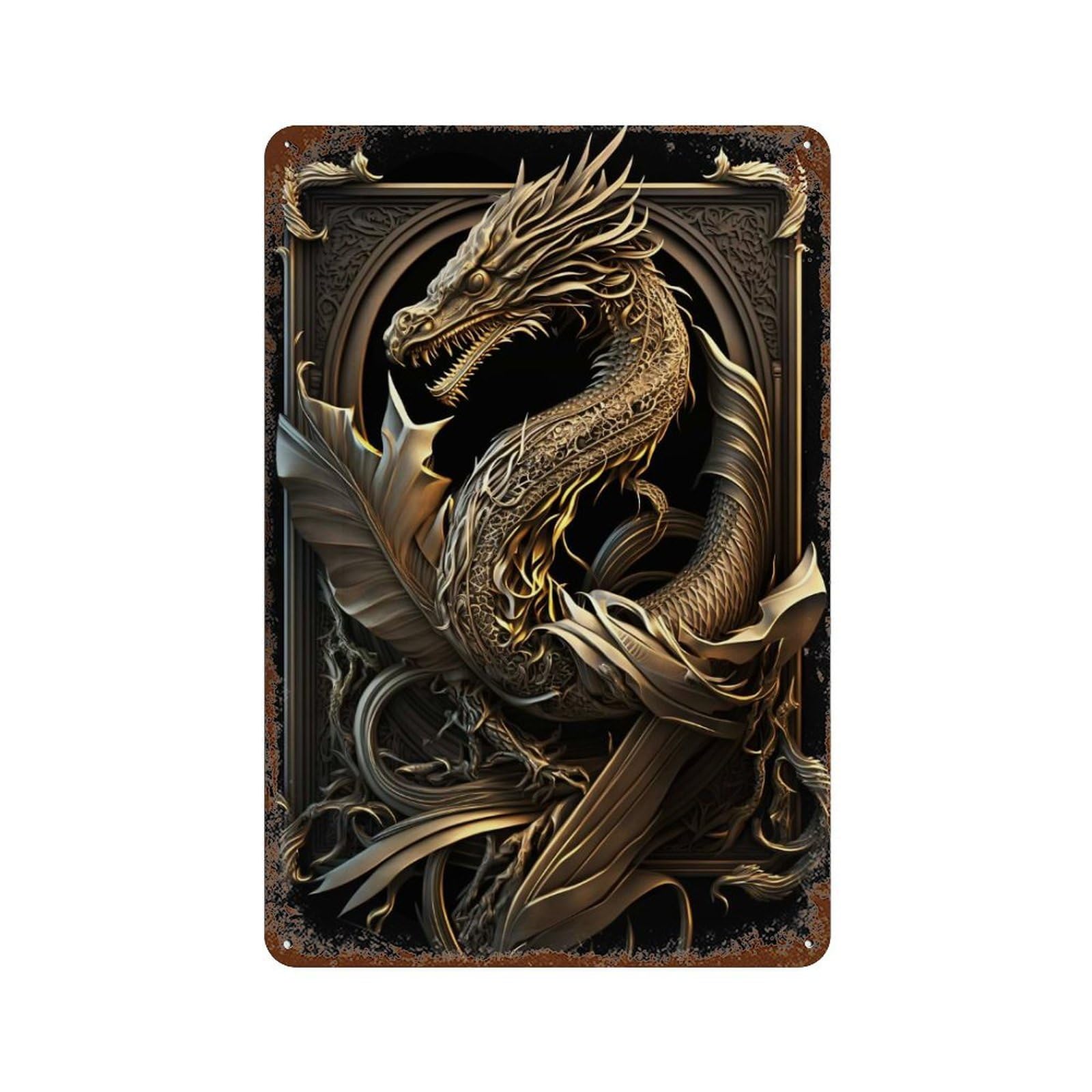 Vintage Rust Metal Sign with Serpent Flame Art Deco Design 11.8"x7.9", for Office, Studio And Wall Decor, Farmhouse Wall Decor