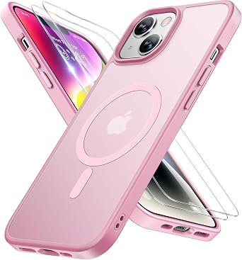 Miracase Magnetic for iPhone 14 Plus Case 6.7 inch (Compatible with MagSafe)(with 2X Screen Protectors) Military-Grade Protection, Anti-Fingerprint Translucent Matte Phone Case Cover, Mes Pink