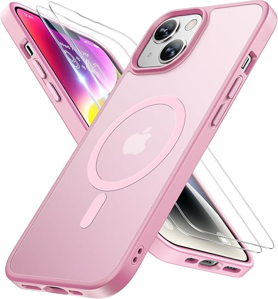 Miracase Magnetic for iPhone 14 Plus Case 6.7 inch (Compatible with MagSafe)(with 2X Screen Protectors) Military-Grade Protection, Anti-Fingerprint Translucent Matte Phone Case Cover, Mes Pink
