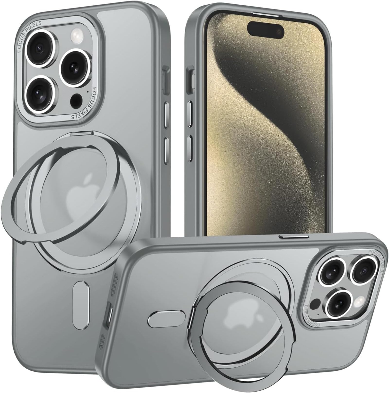 iPhone 15Pro maxケース MagSafe対応 多機能360°回転スタンド 丸型スタンド付き マグネット搭載 アイホン15プロマックスケース マグセーフ対応 縦横両対応 耐衝撃 15 Pro max ケース 半透明 マット iPhone 15Promax ケース ワイアレス充電対応 グレー