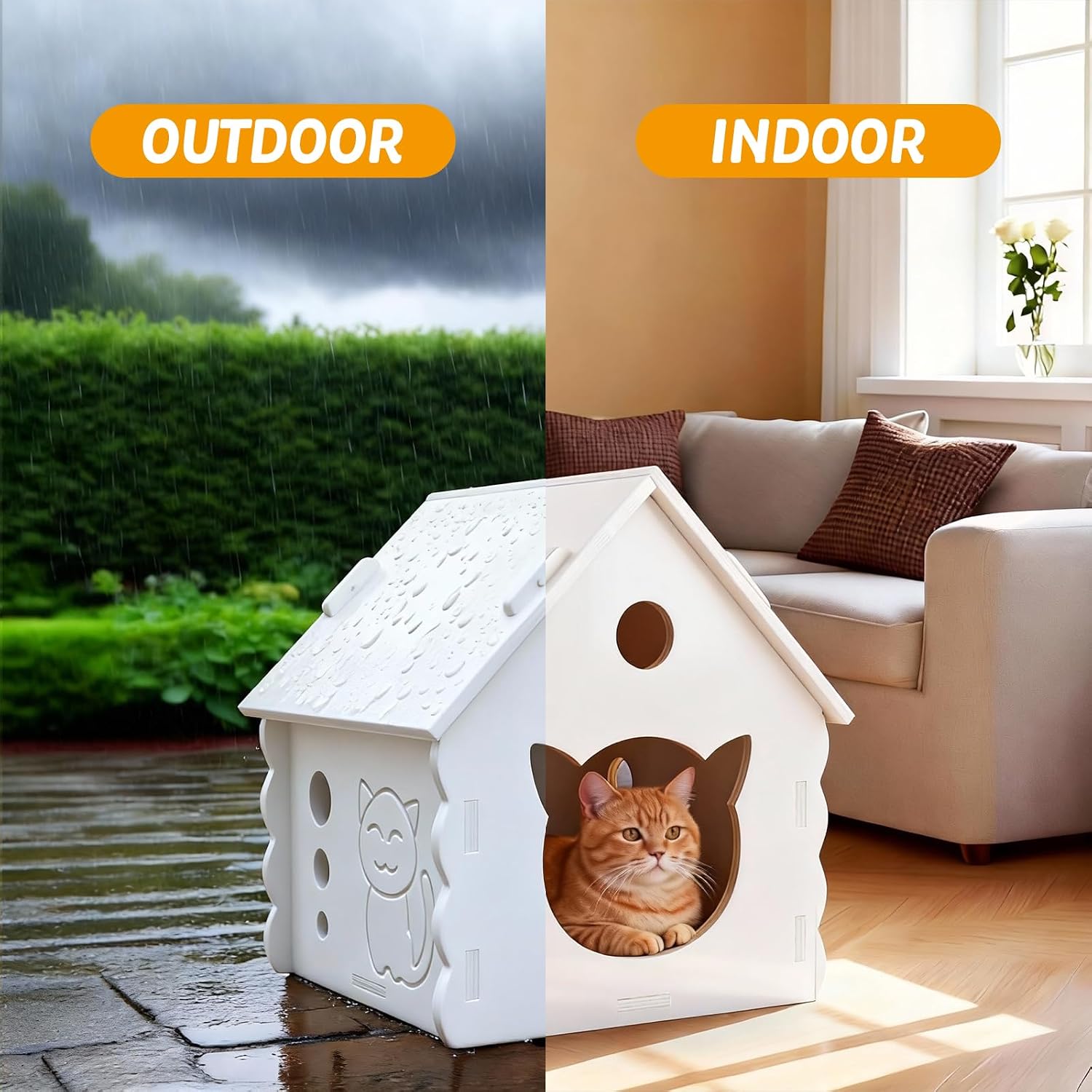 Cute Gable Roof Small Wooden Cat House, Indoor Outdoor Multi-Ply Wood Cat Shelter with Rainproof Windproof, Easy Assemble Move & Clean, Breathable Cat Hut for Kittens (White)