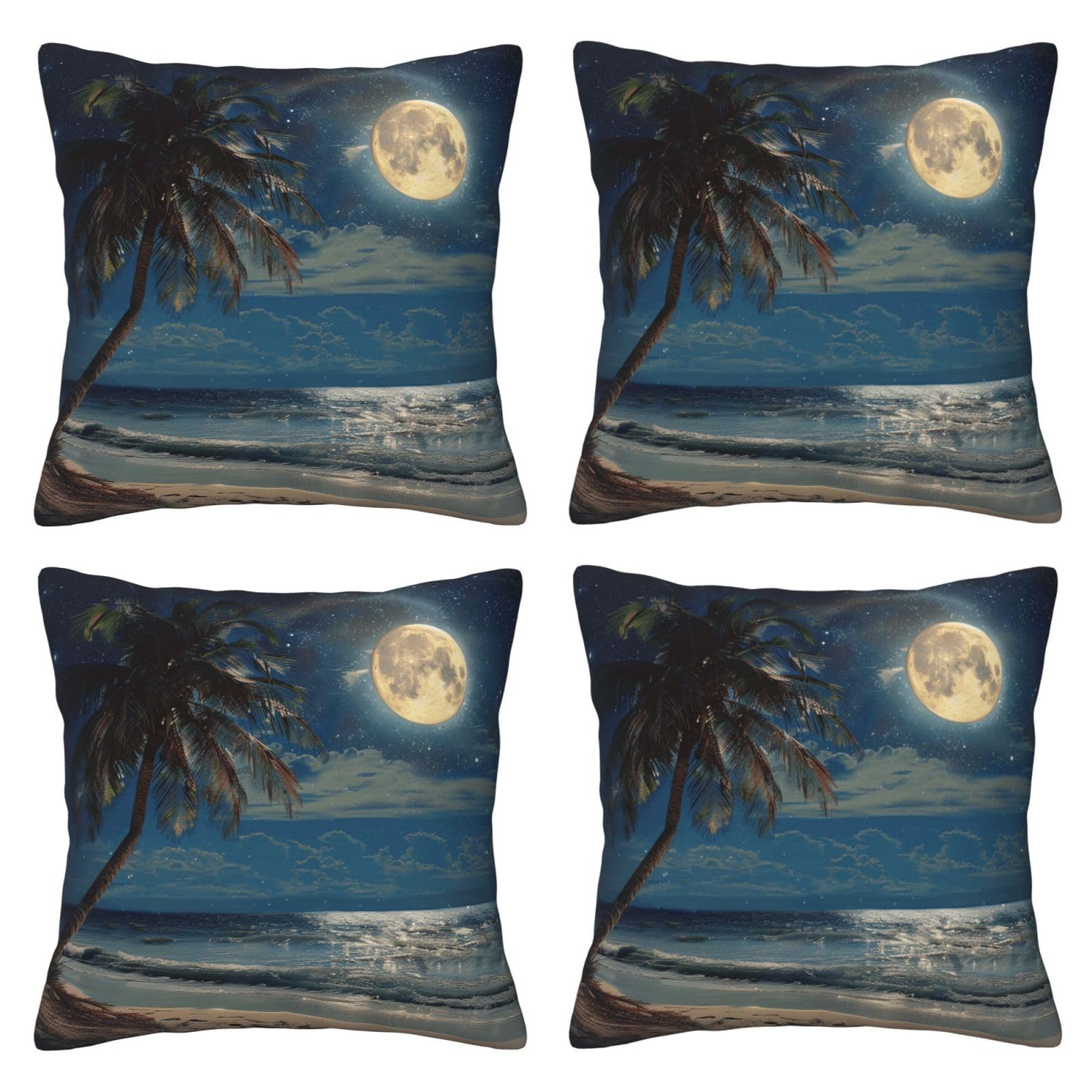 Tropical Beach Palm Tree with Moon Throw Pillow Cases 4 Pack Square Pillowcases Super Soft Pillow Protectors With Zipper for Couch Livingroom Sofa Bed Office Car,30x30 CM