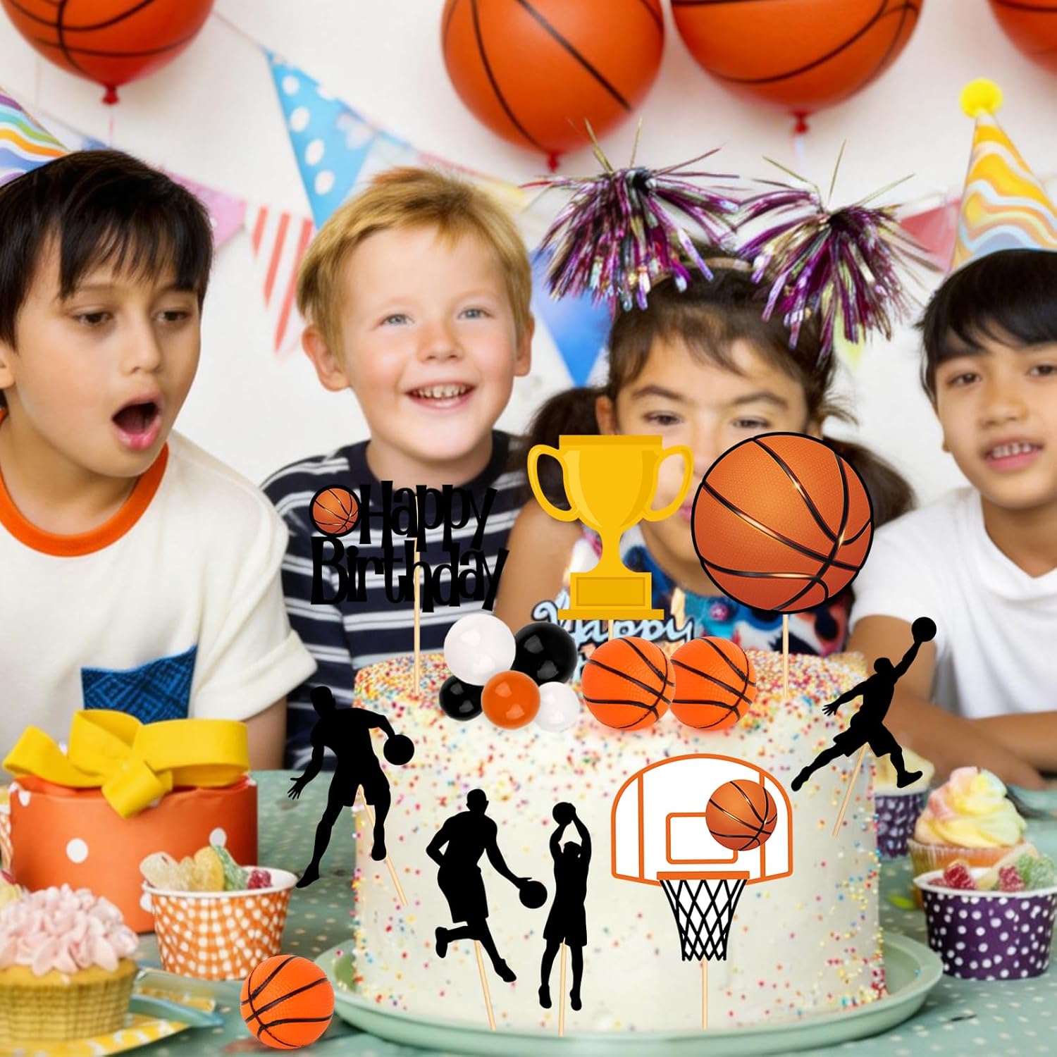 Hooqict 26Pcs Basketball Cake Decorations Set with Mini Balls, Players, Happy Birthday Basketball Cake Toppers & Cupcake Toppers for Kids Boys Men Sports Themed Basket Ball Birthday Party Decorations