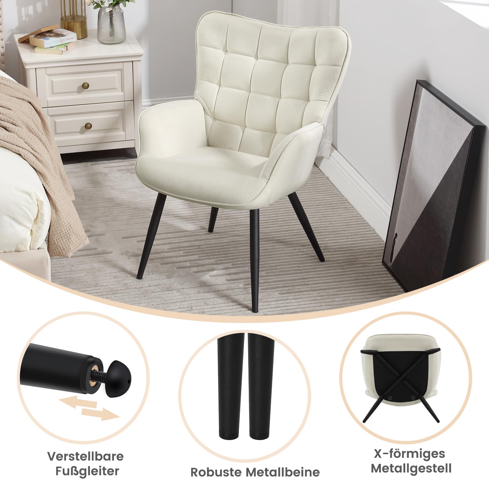 WOLTU Ohrensessel modern, Sessel Wohnzimmer, Schlafzimmer, Balkon, Relaxsessel bequem, mit Metallbeinen, Cordbezug, 63,5 x 51 x 87 cm, Cremeweiß