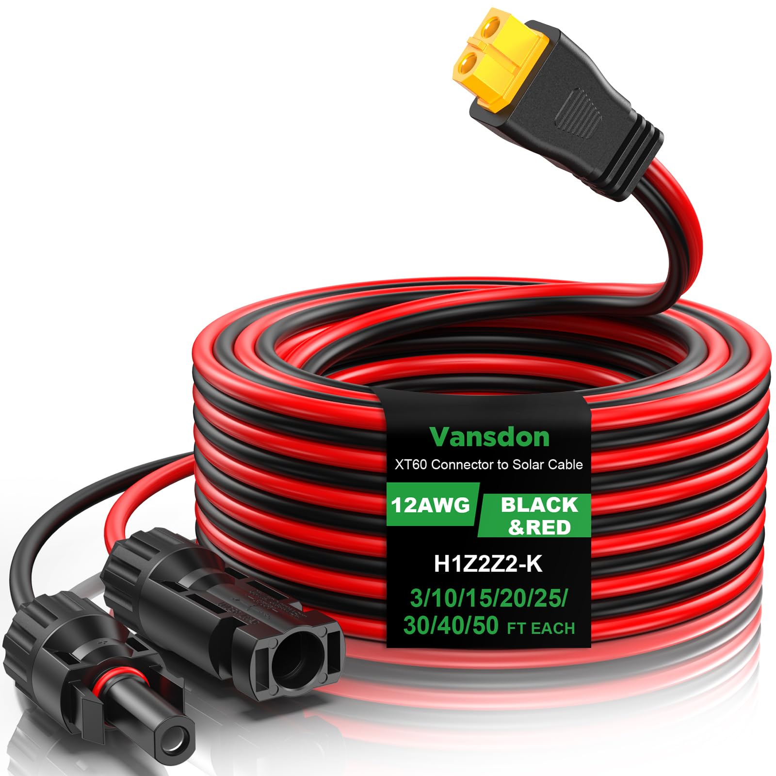 Vansdon 12AWG XT60 Solar Cable- Solar to XT60 Cable 3 10 15 20 25 40 50FT Charging Adapter for RV Power Station- 15Ft