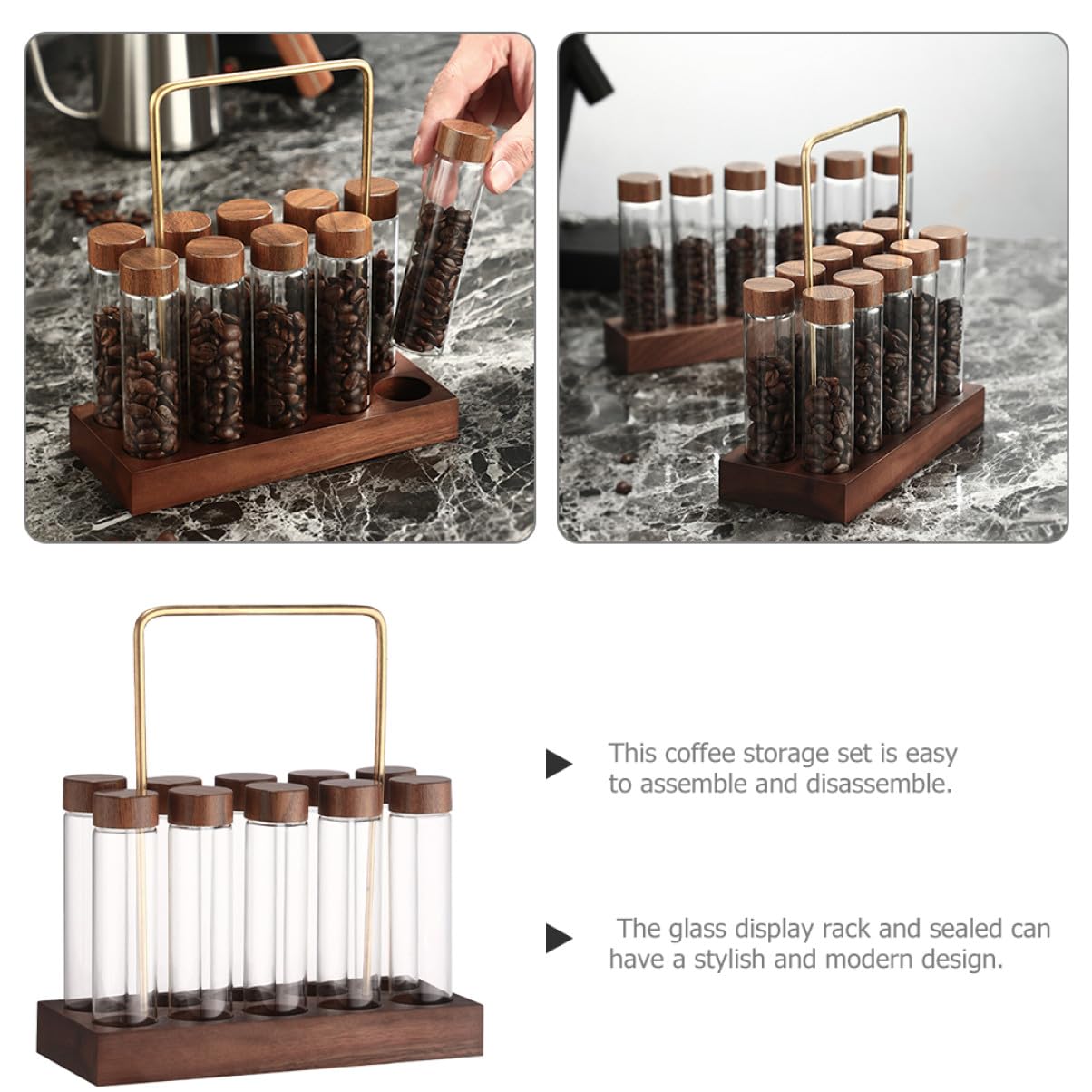 ULTECHNOVO Kaffeebohnen Behälter aus Glas mit Holzständer, 1 Satz | Luftdichter Deckel, für Kleine Vorräte und Gewürze, für Küche und Wohnung, Einfach Zusammenzubauen
