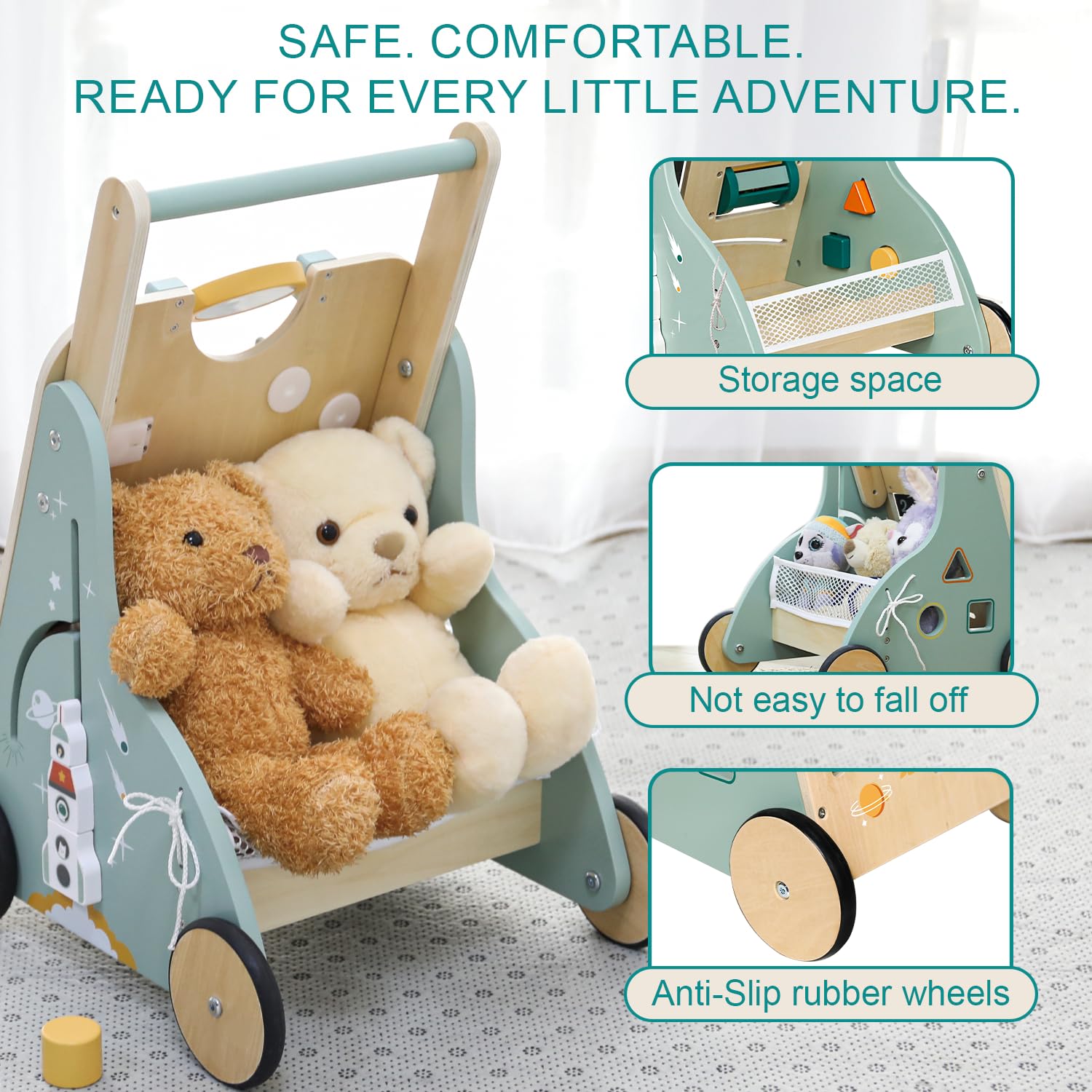 Adjustable Wooden Baby Walker – Montessori Push Toy for 1 Year Old with Rocket-Themed Activity Center, Sit-to-Stand Walker Gift for Boys and Girls image 7 of 9 B0DTDYM991