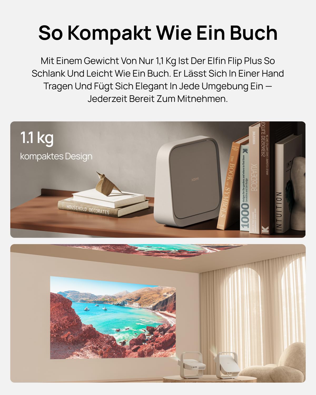 XGIMI Elfin Flip Plus Tragbarer Beamer, 500 ISO Lumen, 1080P, Google TV mit Netflix, Verstellbarer Ständer