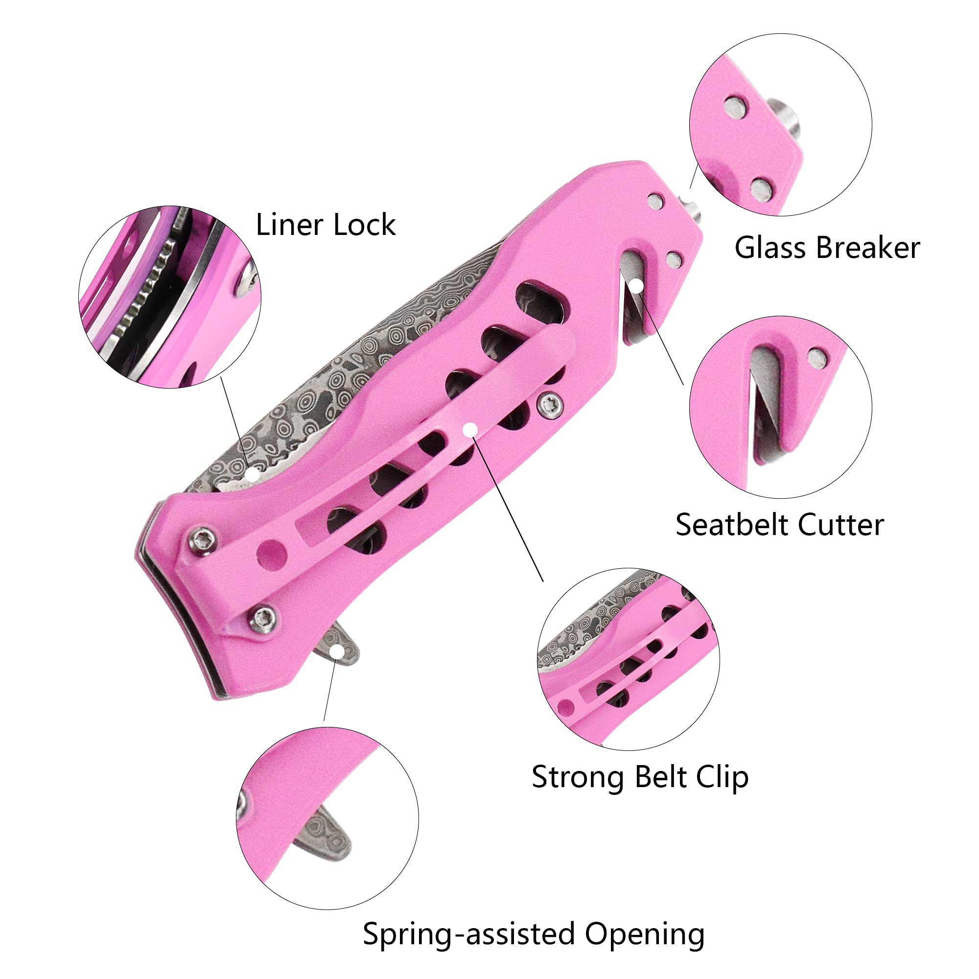 ALBATROSS EDC Cool Tactical Folding Pocket Knife with Modern Damascus Steel Blade, SpeedSafe Spring Assisted Opening Knifes with Liner Lock,Pocketclip,Glass Breaker,Seatbelt Cutter, Gifts Box (Pink)