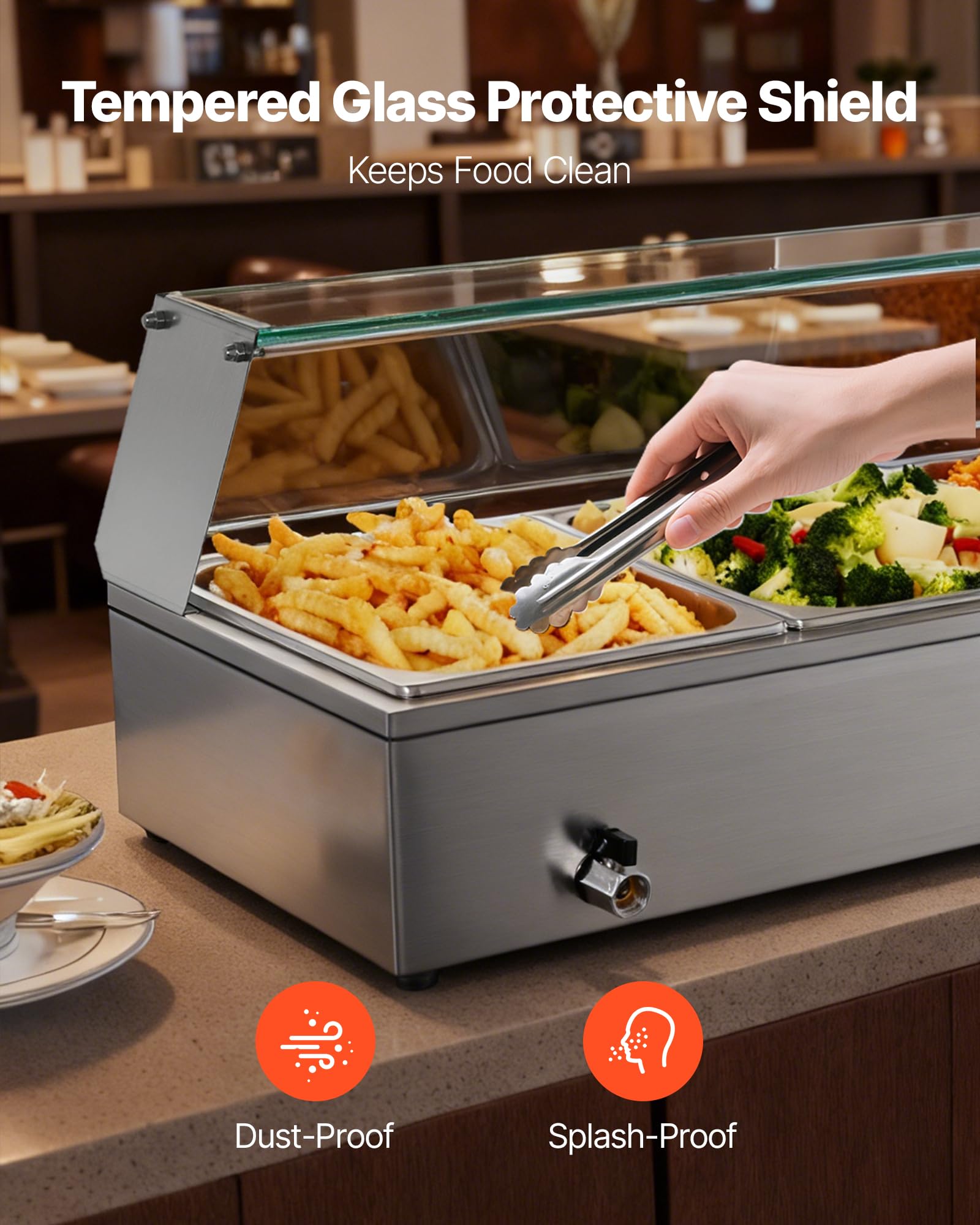 VEVOR Scaldavivande Commerciale con Coperchio in Vetro e 3 Contenitori Scaldavivande da 1500 W in Acciaio Inossidabile, Contenitori per Buffet, per Alimenti a Bagnomaria per Ristoranti, Feste
