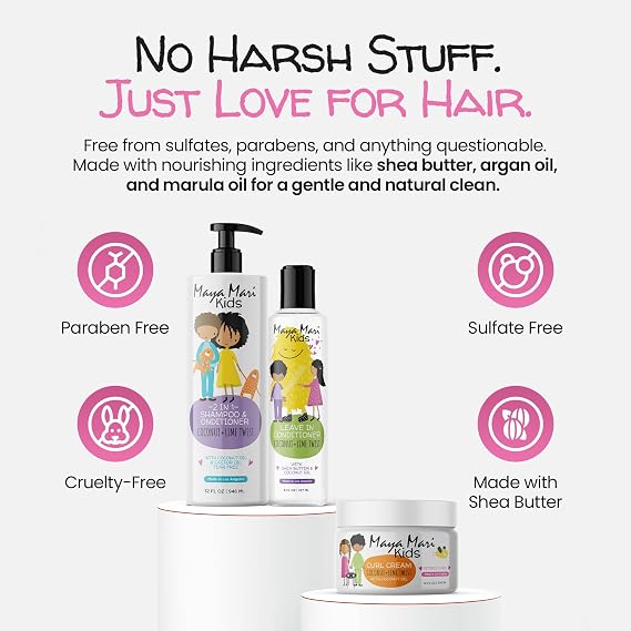 Kids Curly Hair Gift Set | 2-in-1 Kids Shampoo & Conditioner, Curl Cream, Leave-In Conditioner | Shea Butter, Tear-Free, Frizz Control, Sulfate-Free, 32 Fl Oz