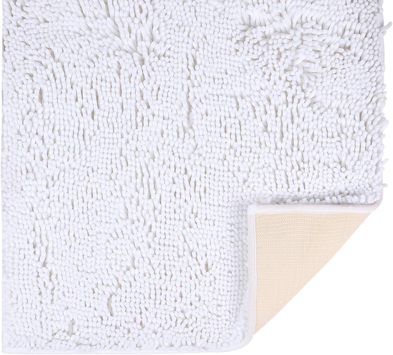 Colorxy Luxury Chenille Bathroom Rugs - Solid Shaggy Washable Bath Mat Non Slip Bathroom Runner Mats, Ultra Soft Plush Bathmat for Bathtub Shower with Water Absorbent Carpet Rug, 24''x47'', White