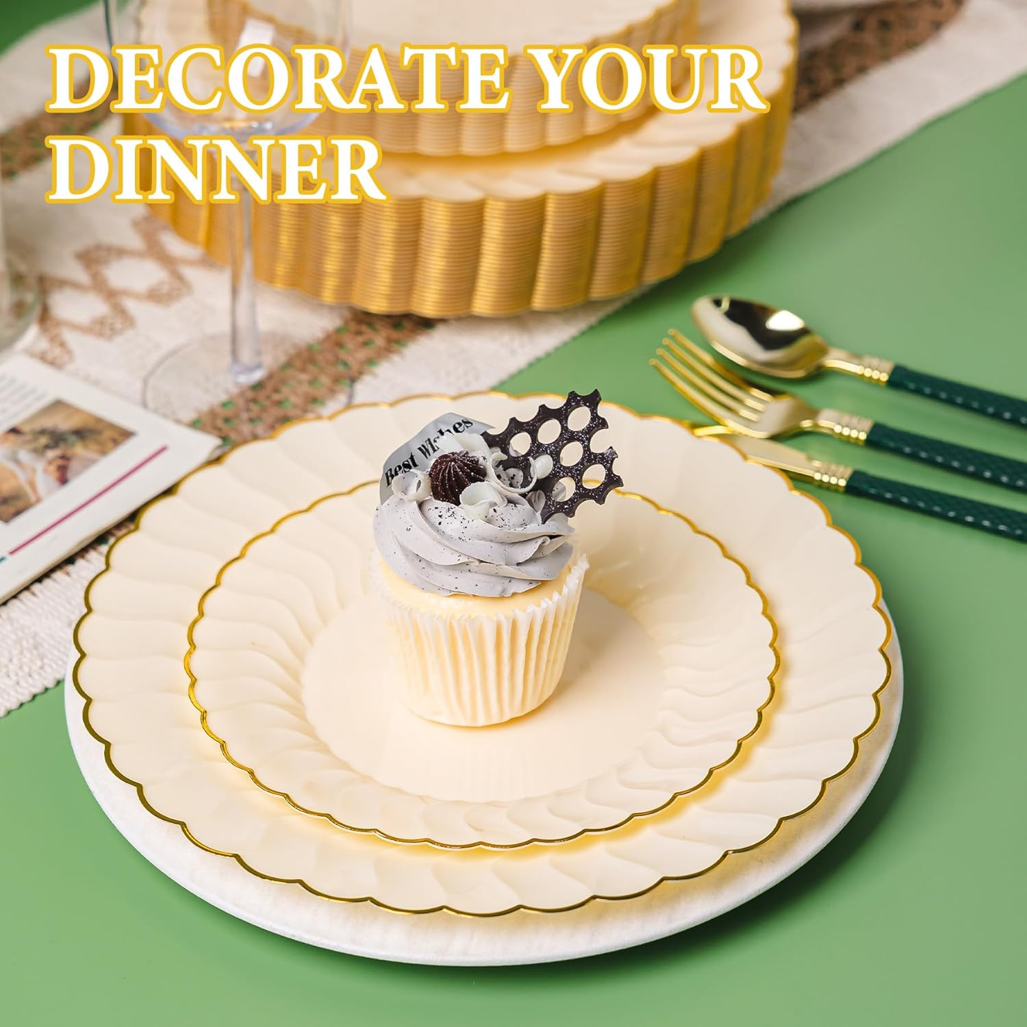 Lullaby 60PCS Light Yellow Scalloped Plastic Plates, Disposable Elegant Plates Include 30pcs Dinner Plate 10.25", 30pcs Plastic Dessert Plate 7.5", Perfect for Wedding and Party - Image 4