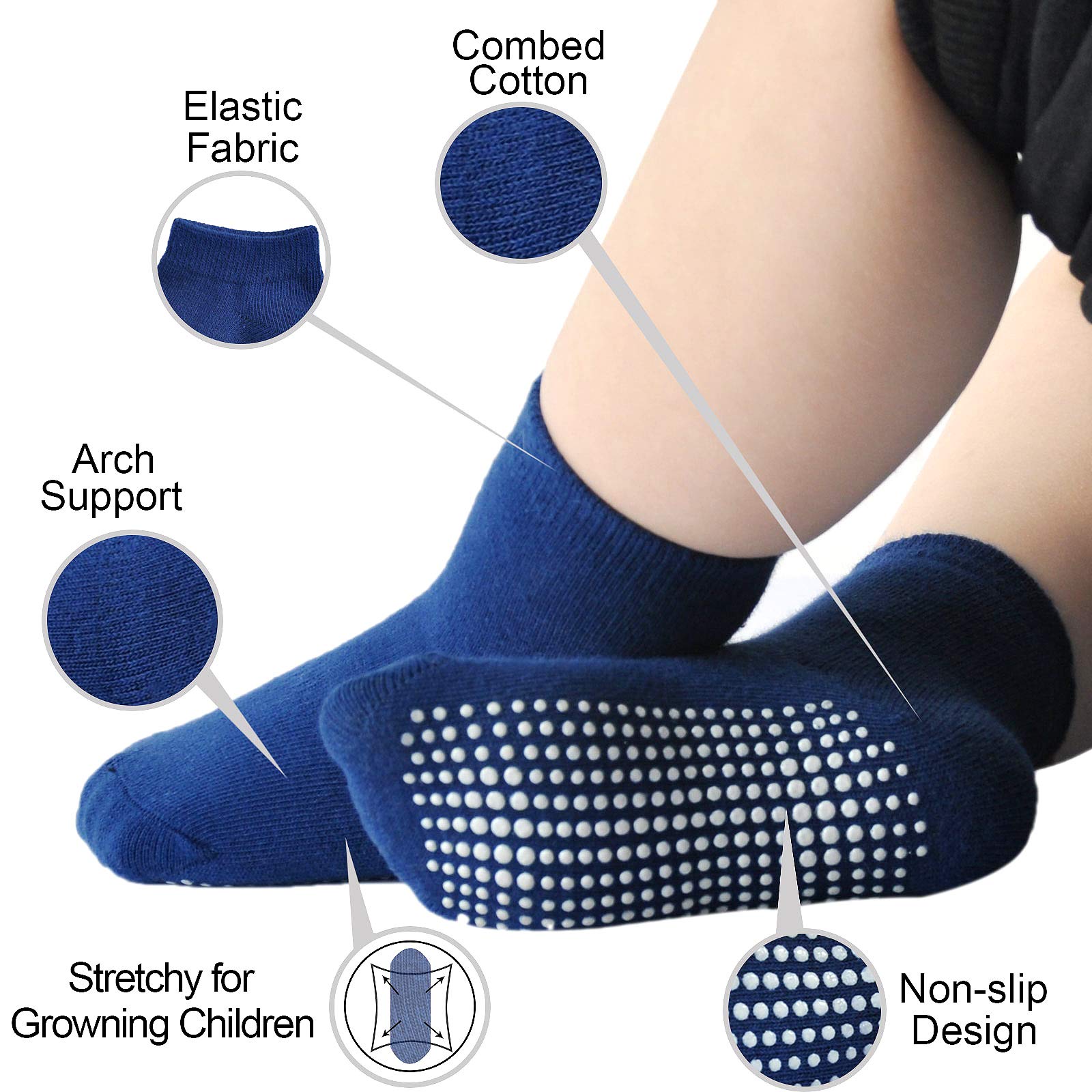 EPEIUS Baby Anti Slip Crew Socks 12 Pack with Grips for Toddlers Little Boys Girls Infants Kids Non Skid Value Pack,6-12 Months Black/White/Grey/Blue