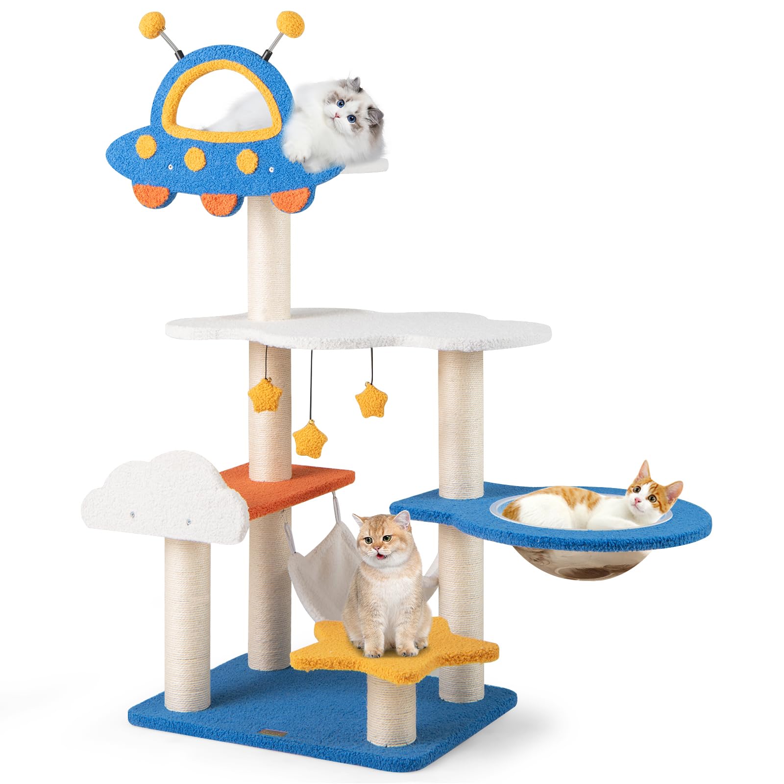 GYMAX Albero per Gatti Alta 124 cm, Torre Multilivello a Tema Spaziale per Gattini, Capsula Spaziale, Amaca, Tiragraffi in Sisal, Piattaforme a Nuvola e Stella, Palline Pendenti e a Molla