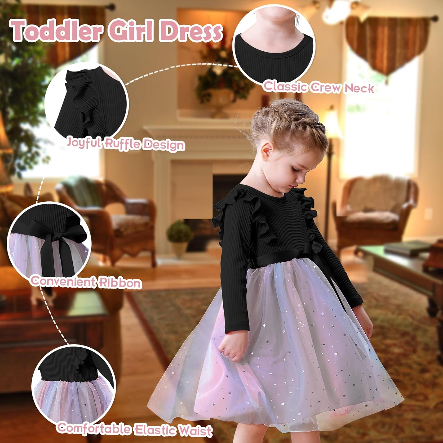 幼児 ガールズ ドレス チュール 長袖 フリル ベビー 秋冬 ファッション カジュアル 幼児 ドレス 女の子用