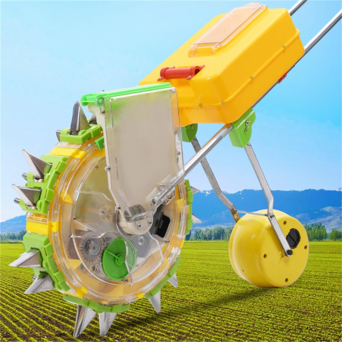 Handheld Seed Sower & Fertilizer Applicator, Double Row Garden Seeder, Walk-Behind Planter for Peanuts, Corn & Beans, Efficient Seed Spreader Machine with 6-Month Durability