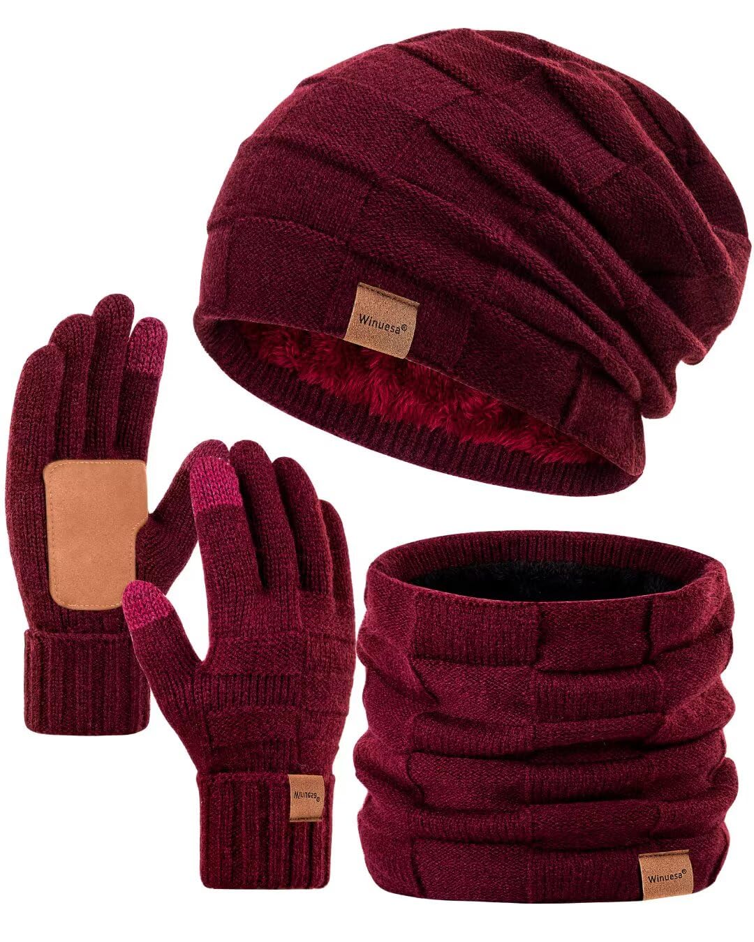 Set invernale da uomo, con cappello, sciarpa e guanti, foderati in pile termico, sciarpa e guanti touchscreen, set caldo 3 in 1