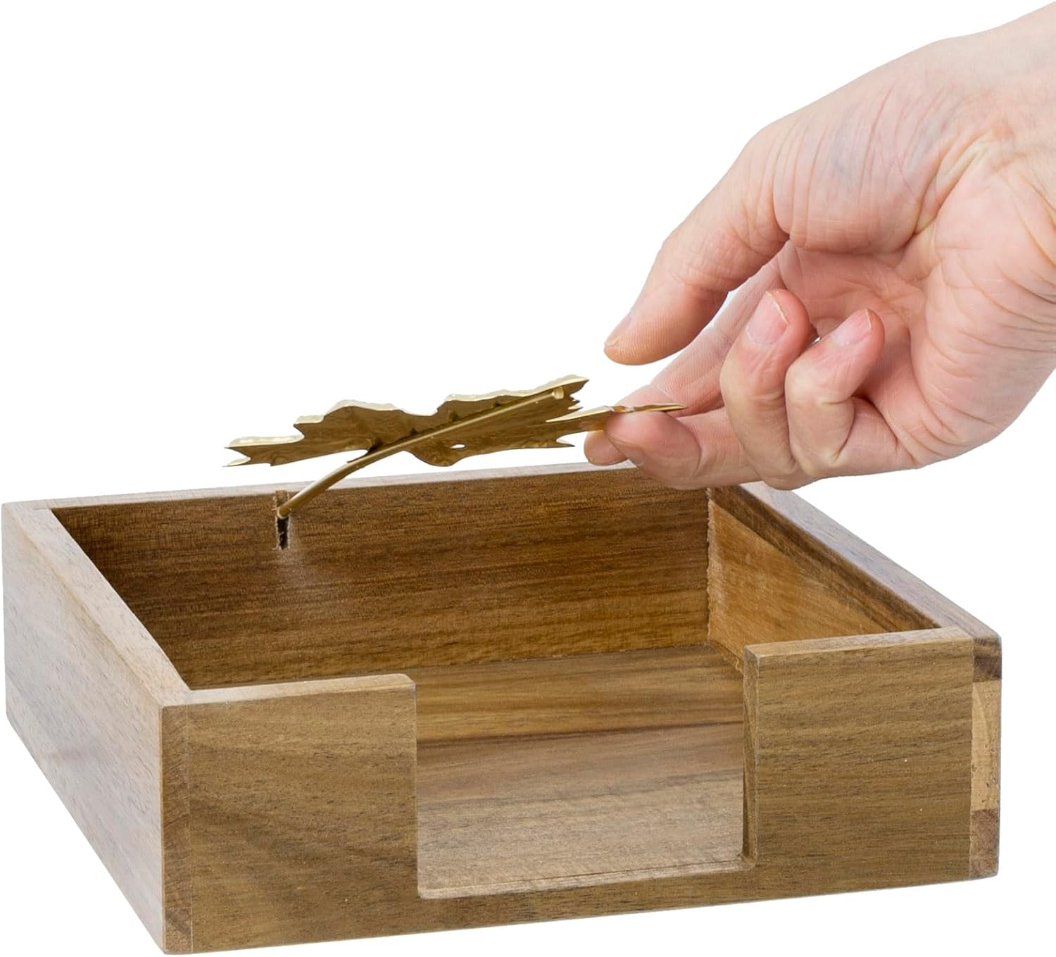 MyGift Premium Acacia Wood Tabletop Napkin Holder – Rustic Square Napkin Dispenser with Decorative Maple Leaf Weighted Arm for Kitchen or Dining Table