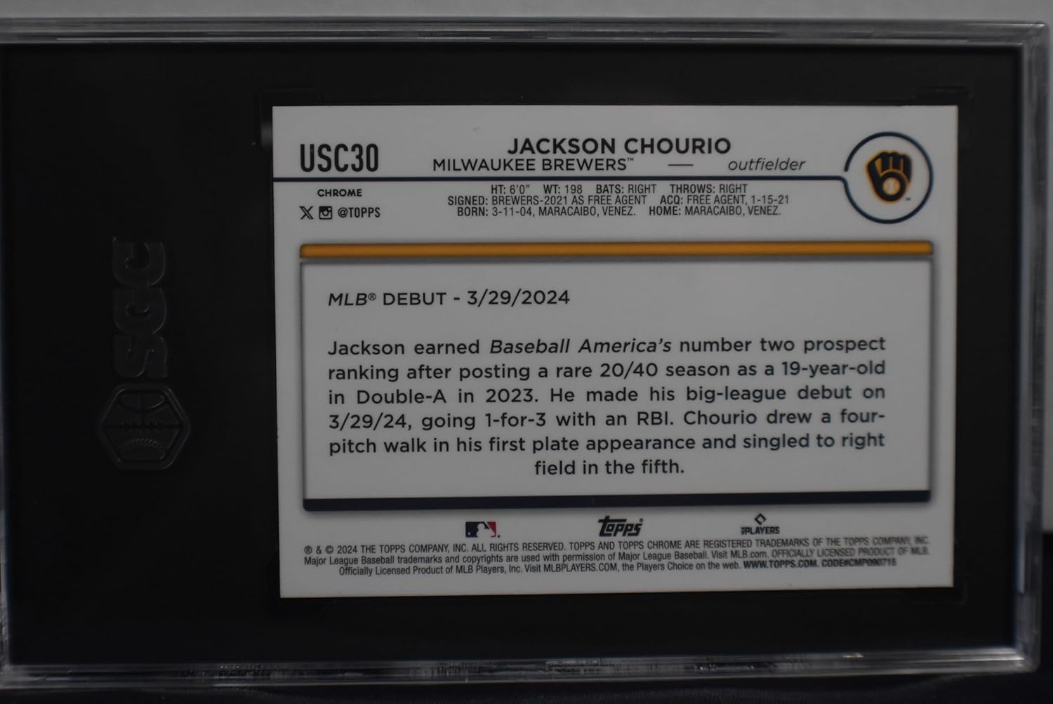 JACKSON CHOURIO 2024 Topps Chrome Update Rookie Debut #USC30 Baseball Rookie Card RC SGC Graded Mint+ 9.5! Milwaukee Brewers