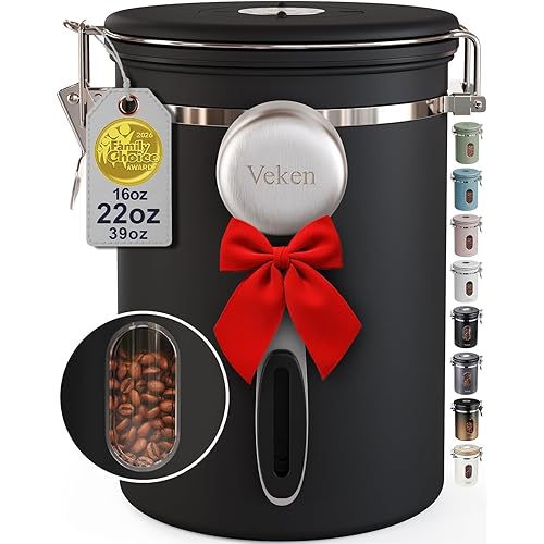 Veken Coffee Canister with Window,Airtight Stainless Steel Pantry Container,Home Kitchen Food Storage Organizers for Ground,Beans,Espresso,Rice,Tea,Sugar,Cereal, Decor,Bar Accessories,Gifts,22OZ,Black