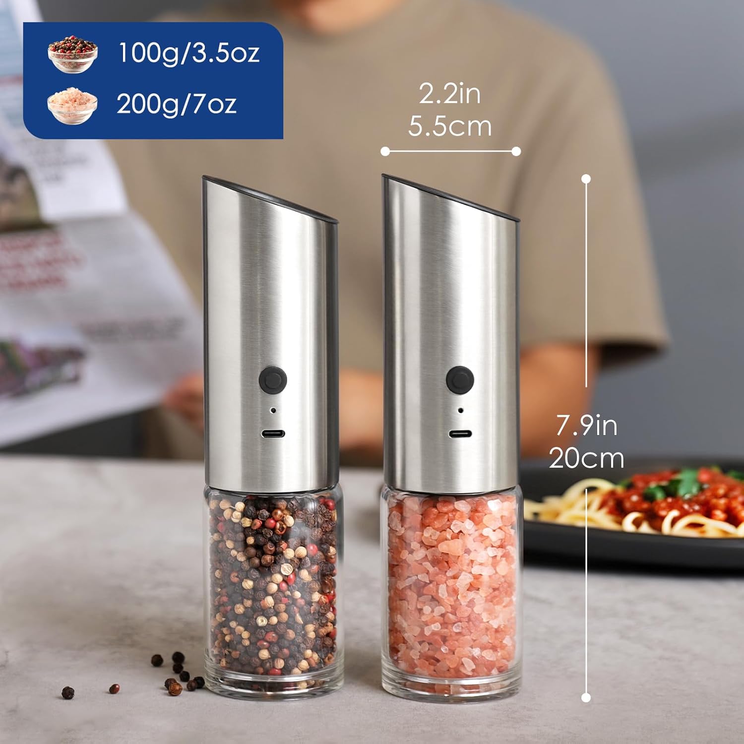 Vzaahu Gravity Electric Pepper and Salt Grinder Set of 2 - Rechargeable, Refillable, Adjustable Coarseness, Stainless Steel Seasalt Peppermill with LED light - One Hand Operation (Sliver)