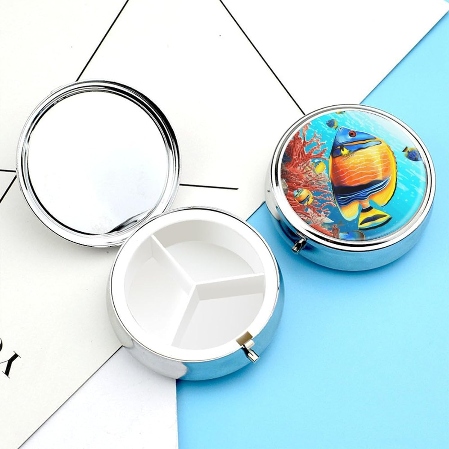Round Silver Pill Box Small Pill Case for Purse and Pocket 3 Compartment