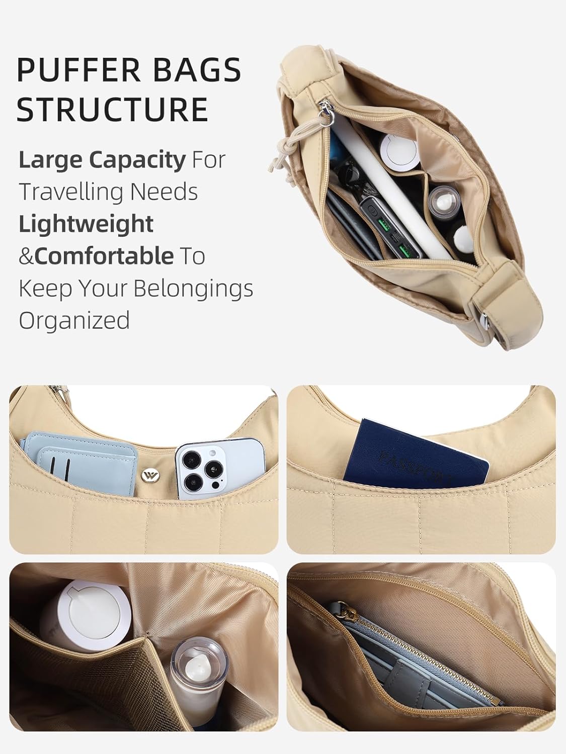 WESTBRONCO Puffer Crescent Shoulder Bags for Women Puffy Quilted Handbags, Nylon Shoulder Purse with Adjustable Strap