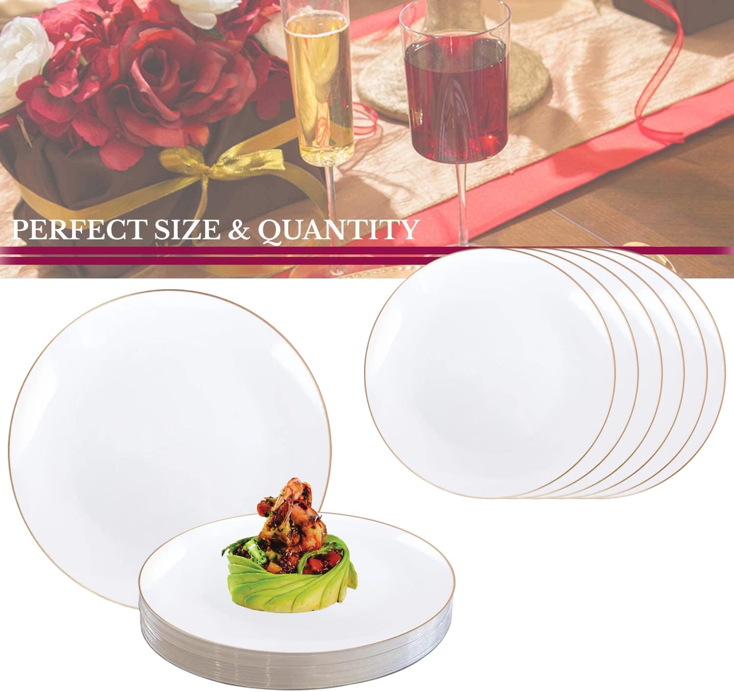 Disposable Plastic Plates with Rim Design, Organic Round Dinnerware Bulk Order for Wedding, Birthday & All Occasions (White with Gold, 7.5" Salad Plates (120 Plates))