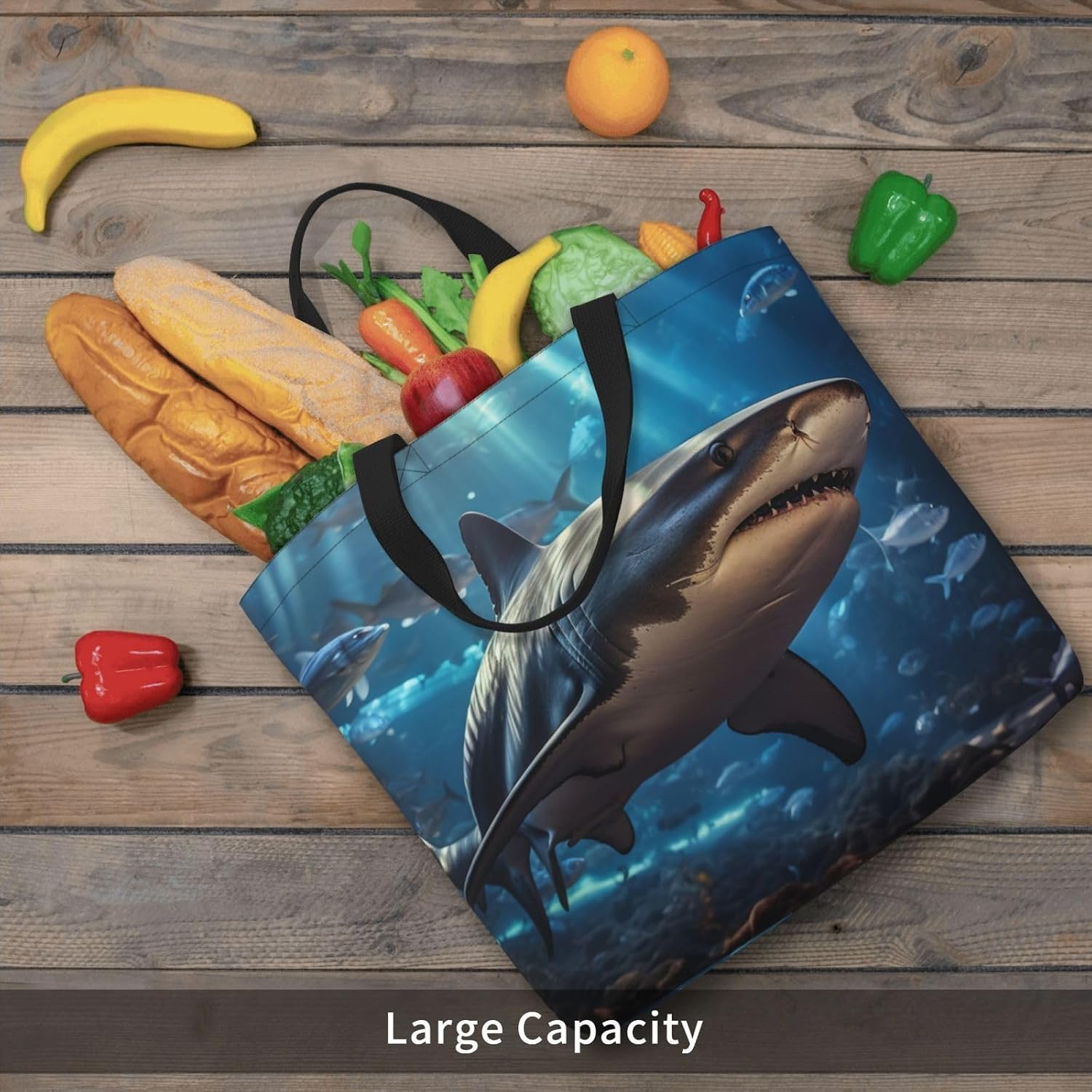 Shark Print Eco-Friendly Tote Lightweight Grocery Bag Daily Commuting Travel Beach Gym Use