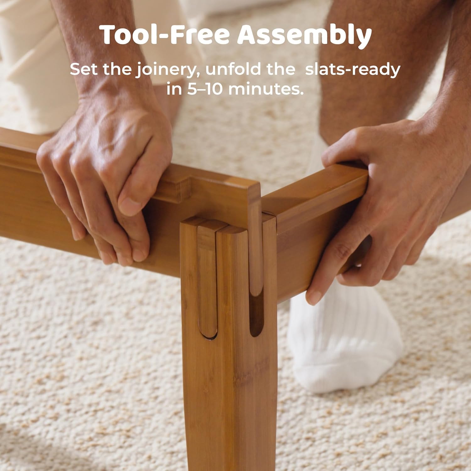 RECCI King Japanese Joinery Platform Bed Frame, Mid-Century with Tall Headboard, Noise-Free Solid Bamboo Wood Sustainable, Sturdy Slat Support with Heavy Duty, Tool-Free Assembly, 10-Inch Storage - Image 6