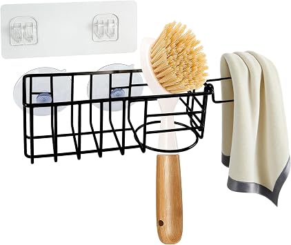 Sponge Holder with Dish Cloth Hanger for Kitchen Sink, In-sink Caddy Organizer with Suction Cups & Adhesive Strips, Rustproof Sponge Rack for Soap, Brush, Scrubber - Black