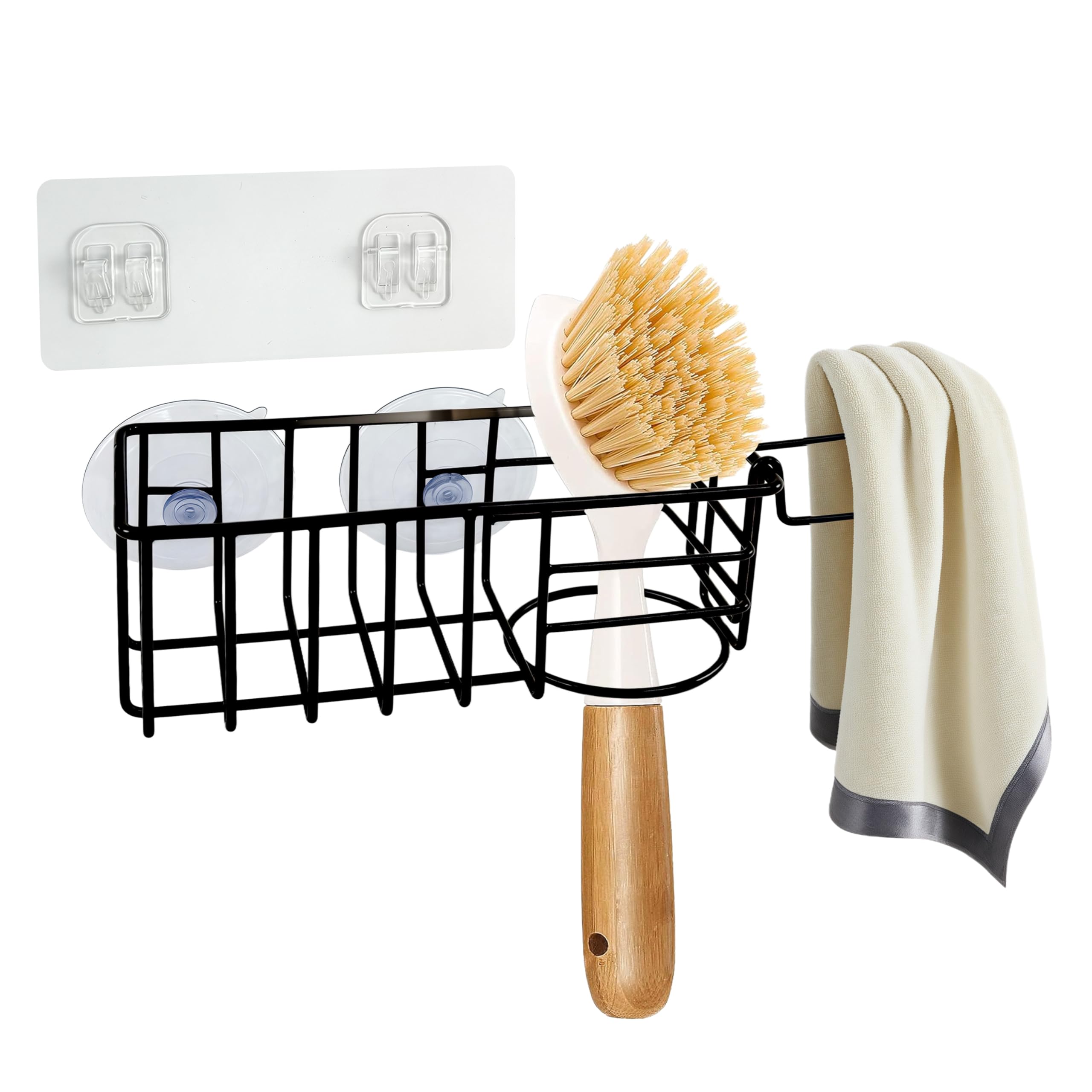 Sponge Holder with Dish Cloth Hanger for Kitchen Sink In-sink Caddy Organizer with Suction Cups Adhesive Strips Rustproof