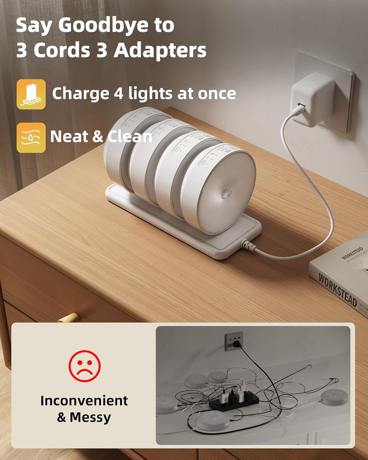 EZVALO 8 Pack Motion Sensor Closet Lights with Charging Station, 1200mAh Rechargeable LED Night Lights, Under Cabinet Lights, Puck Light, Dimmable, 3 Color Temps, Magnetic, Stick on for Kitchen