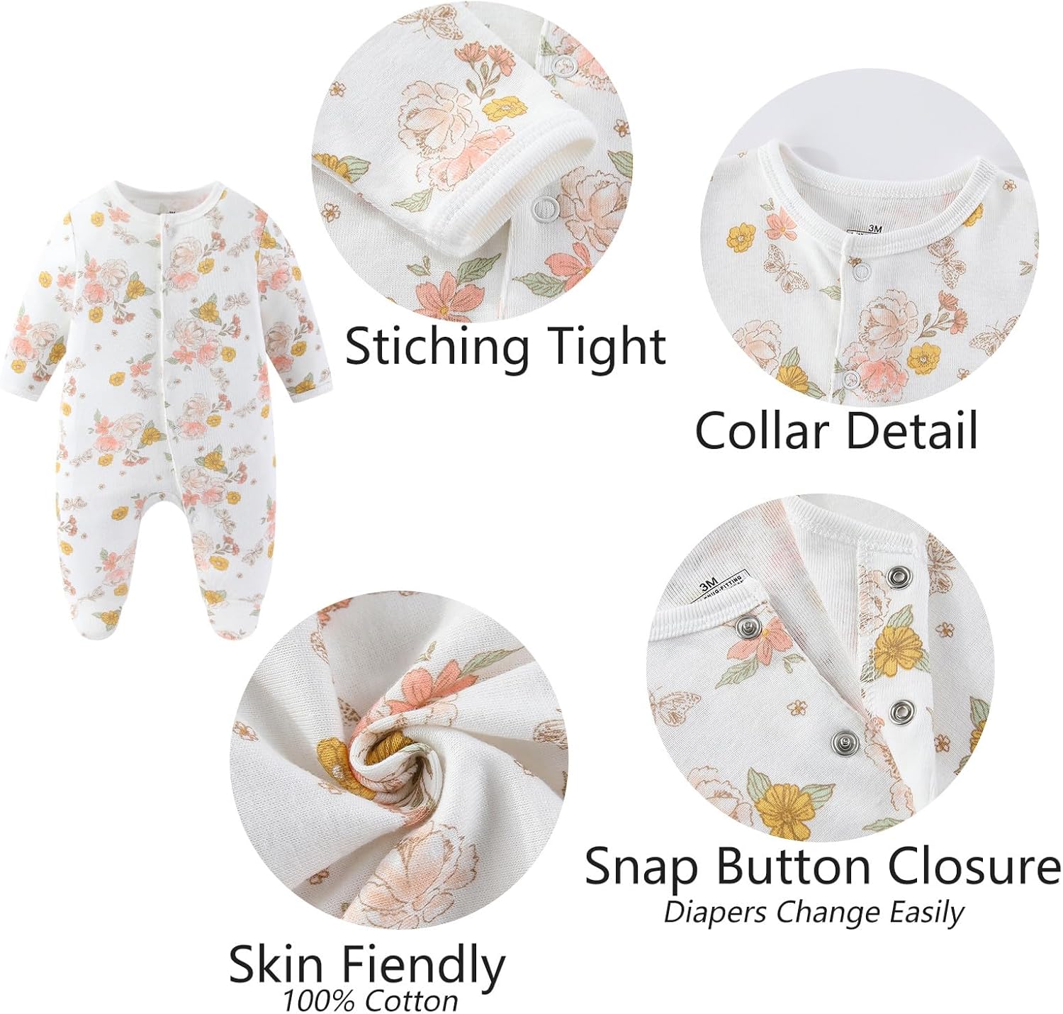 Baby Boy Girls Clothes 2-Way Zip Footed Long Sleeve 100% Cotton,Newborn Caps and Scratch Mittens Set 0-6 Months - Image 5
