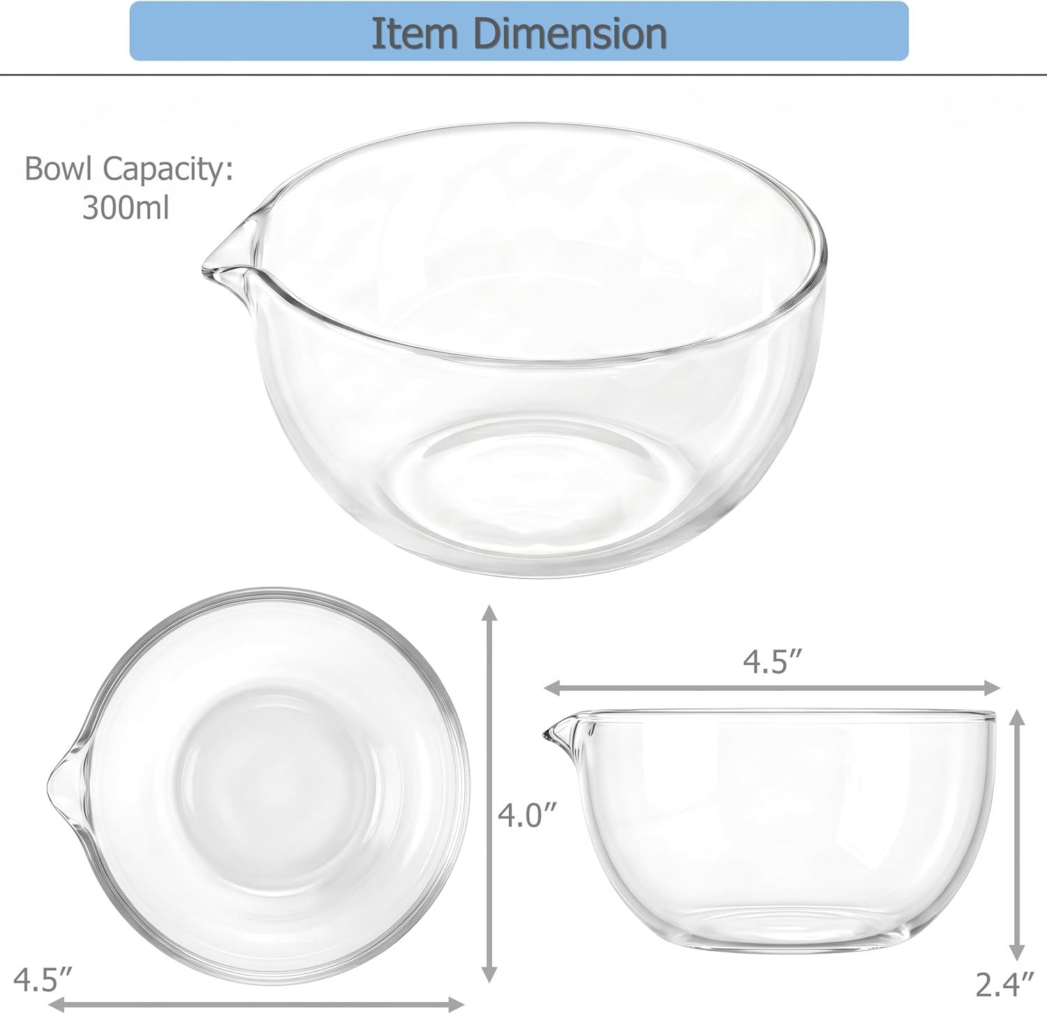 EIKS Glass Bowls Drizzling Preparing Tool with Spout (300ml * 2) | For Mixing and Serving Sauce Jam Salad Matcha Coffee Milk Cooking Baking