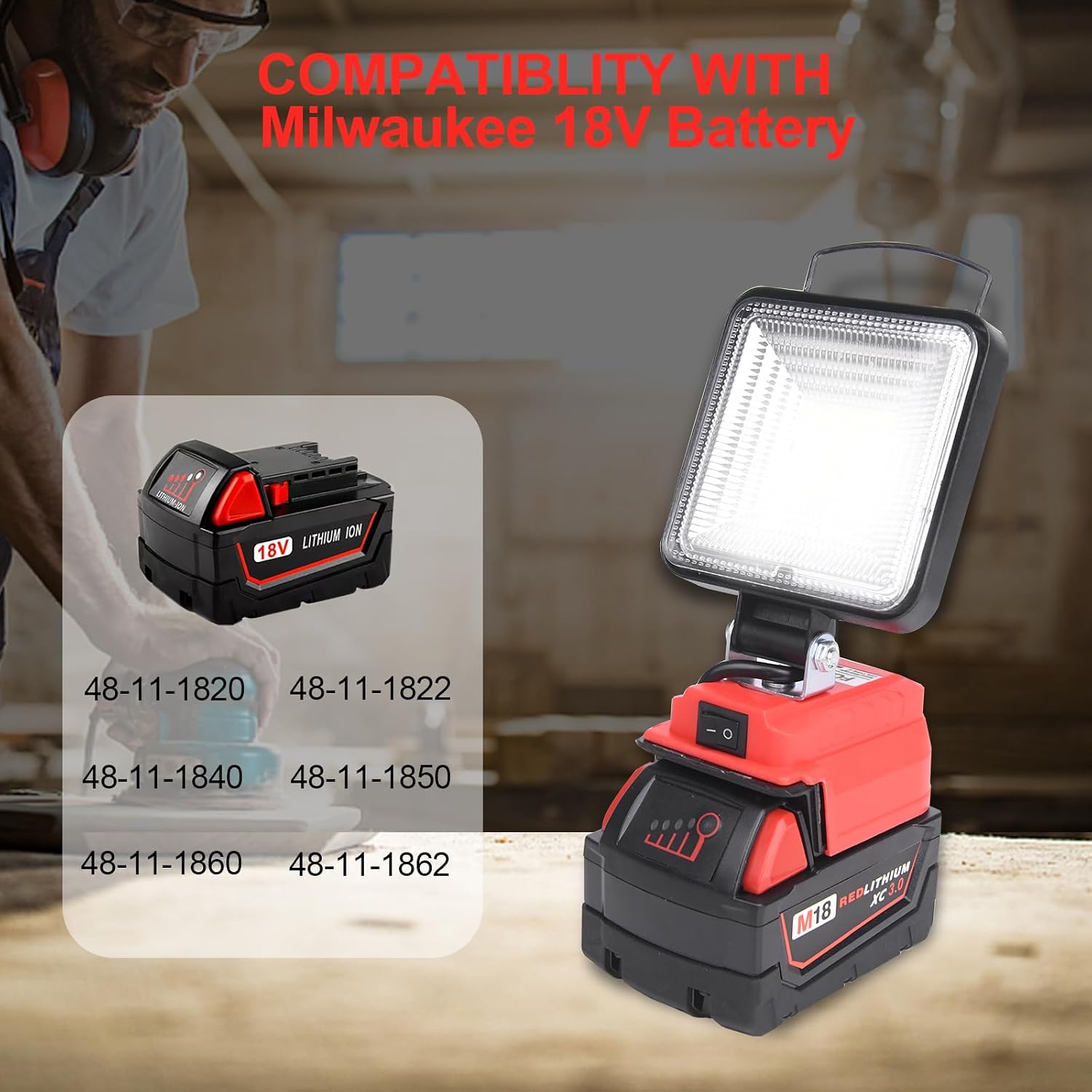 2Pcs Cordless Flood Light for Milwaukee Light m18 Work Light, FOSFIS 60W 6000LM LED Work Light for Milwaukee m18 Flashlight Battery with USB and Type-C Charger Port image 4