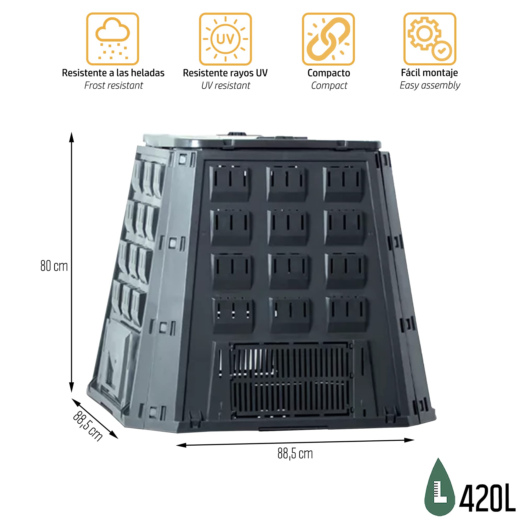 Planta de compostaje evogreen 420l., Dimensiones (mm) 885x885x800, Color Negro