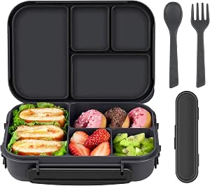 Amathley Kids and Adult Bento Lunch Box, Leakproof 1200ML with 4 Compartments, Microwave & Dishwasher Safe, Includes Utensils, Dark Gray