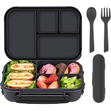 Amathley Children's Lunch Box with Compartments Bento Box Children Lunch Box Adults 1200 ml Lunch Box with 4 Compartments and Cutlery Microwave and Dishwasher Safe BPA-Free and Reusable Dark Grey