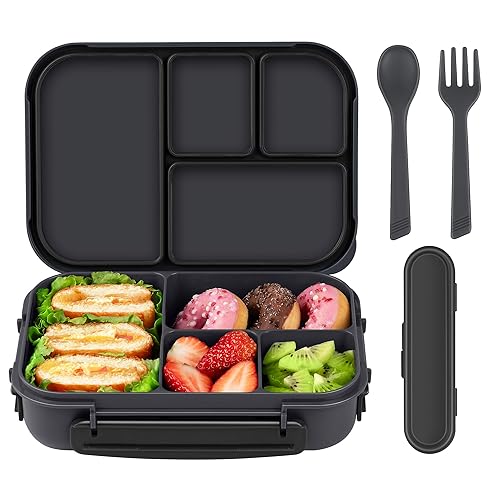 Amathley Brotdose Kinder mit FäChern,Bento Box Kinder,Brotdose Erwachsene,1200ml Lunchbox mit 4 FäChern und Besteck,Mikrowellen und SpüLmaschinenfest,BPA-Frei und Wiederverwendbar (Dunkelgrau)
