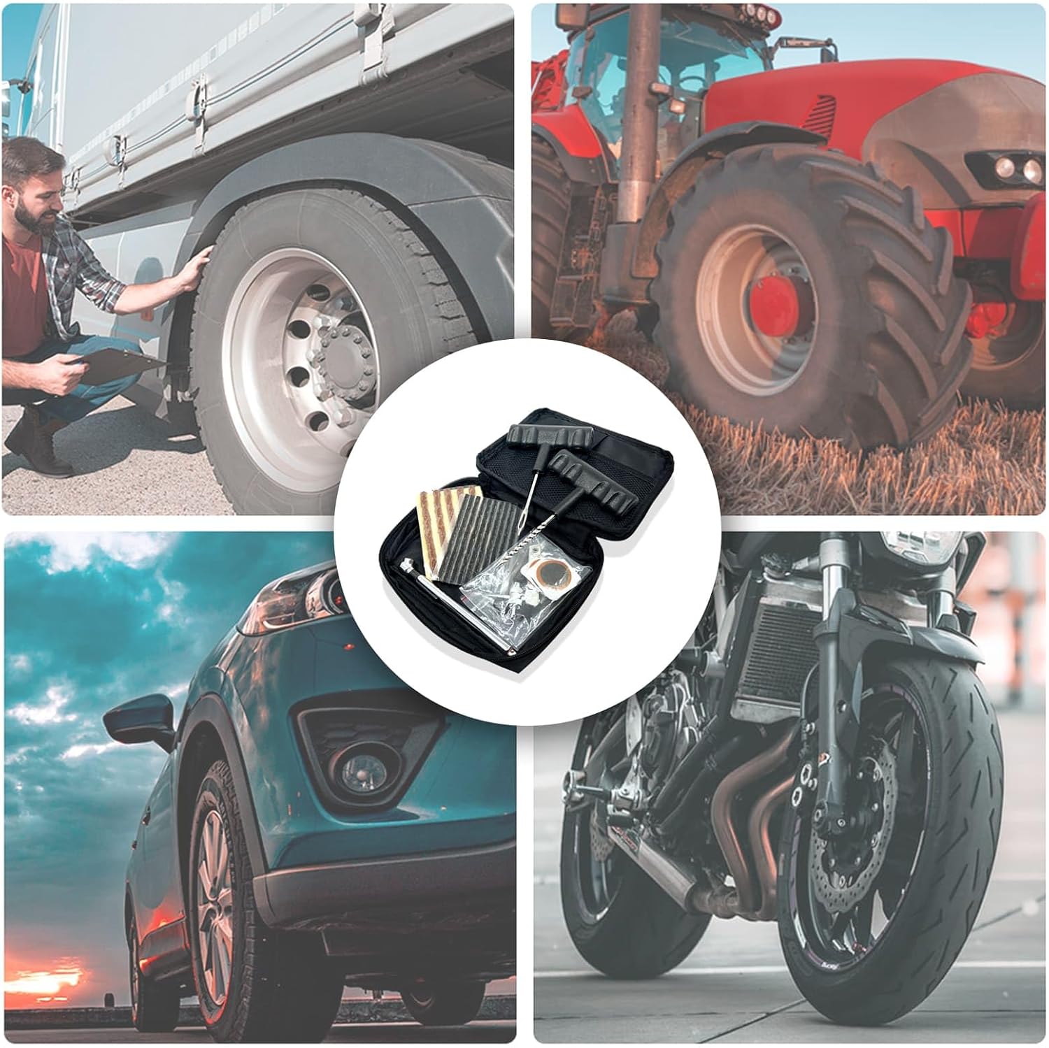 PAX 33Pcs Practical Tire Repair Kit Bag, Auto Tool Tire Plugs Kit, Includes Tire Tube Patches, Tire Pressure Gauge, Seal String Strips. Motorcycle, Car, Tractor, Truck, Lawnmower, Off-Road Vehicle