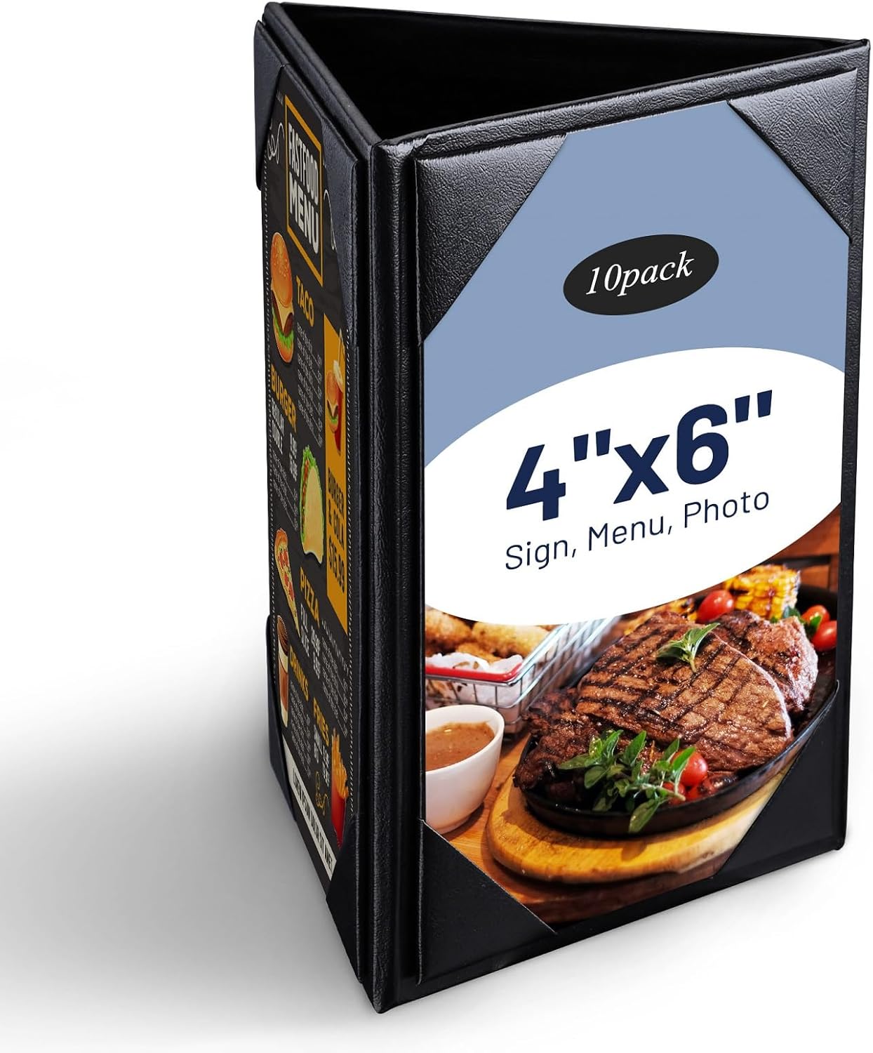 10 Pcs 4x6inch 3-Sided Table Tent Menu Holder, Black Leatherette Menu Cover, 3 Views Menu Sign Holders for Restaurant Cafe Bar Wedding Drink Dessert (3 Views)