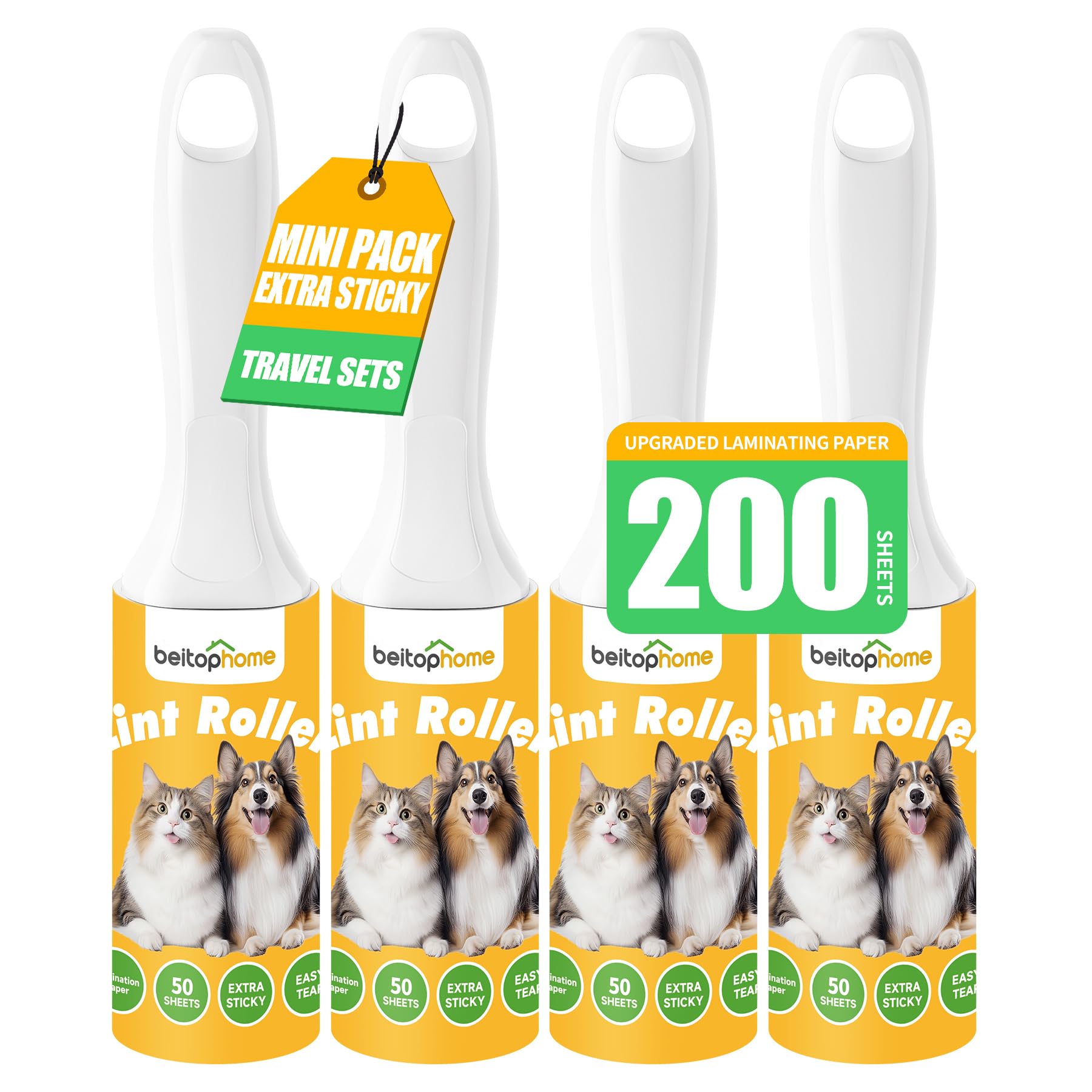Extra Sticky Lint Roller for Pet Hairs 200 Sheets Lint Rollers for Travel 4 Pack Tough Paper, Small Size Easy Portability, Dog and Cat Hair Lint