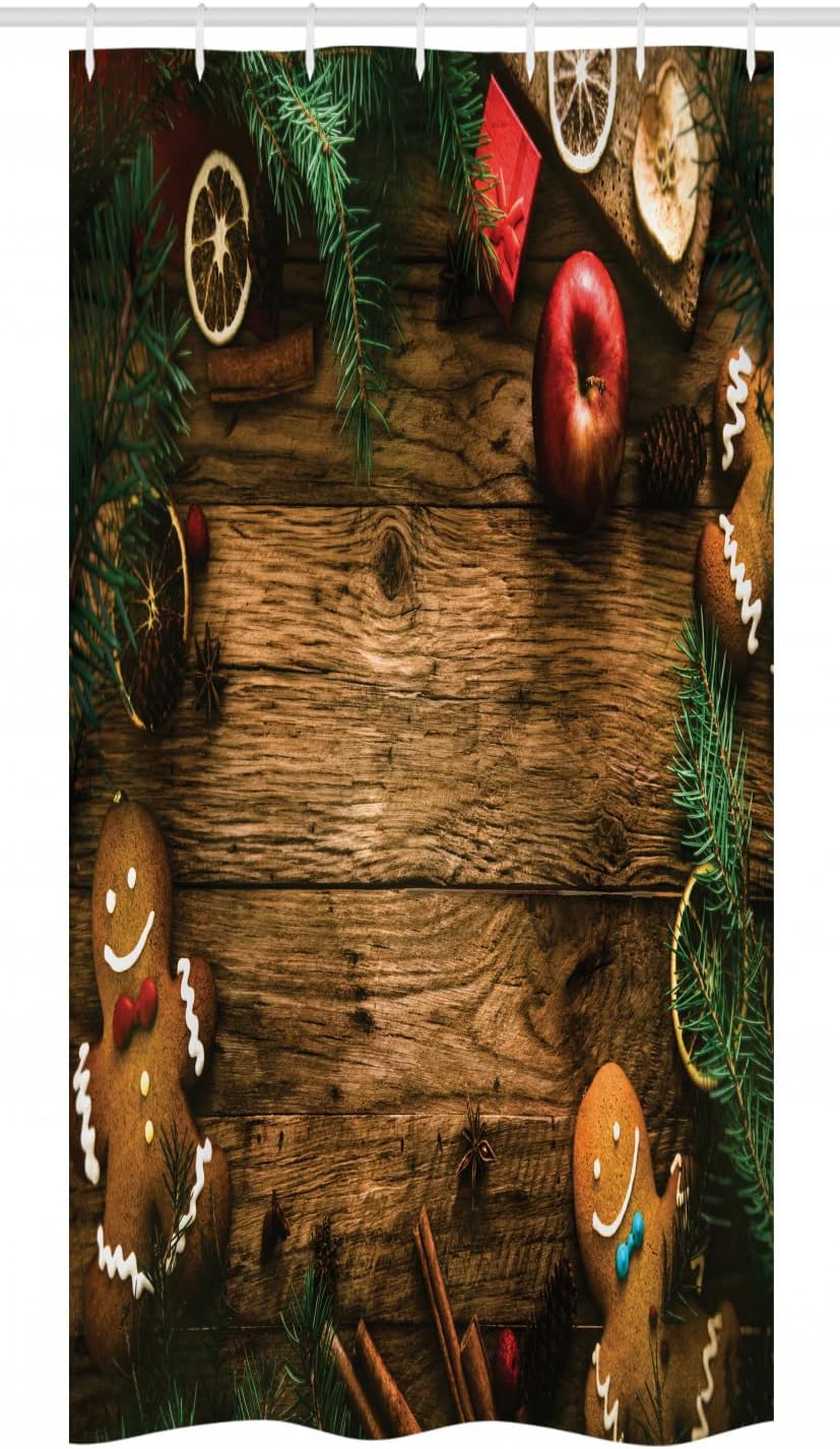 Ambesonne Christmas Stall Shower Curtain, Gingerbread Man Gift Box Coniferous Pine Cinnamon Dessert on Rustic Wood Theme, Fabric Bathroom Decor Set with Hooks, 36" W x 72" L, Brown Green